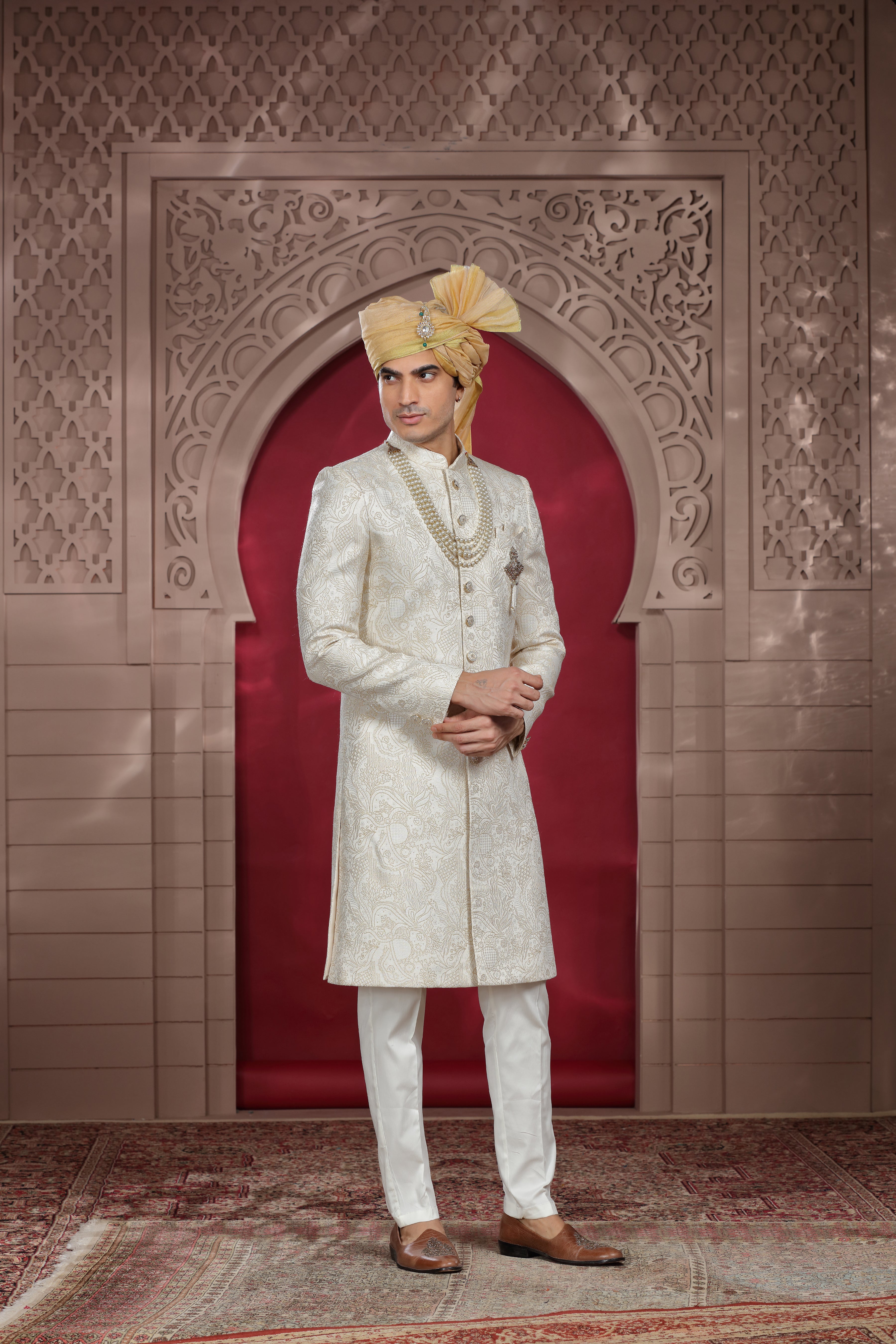 Off White Raw Silk Sherwani with Aari Work & Pearl Buttons