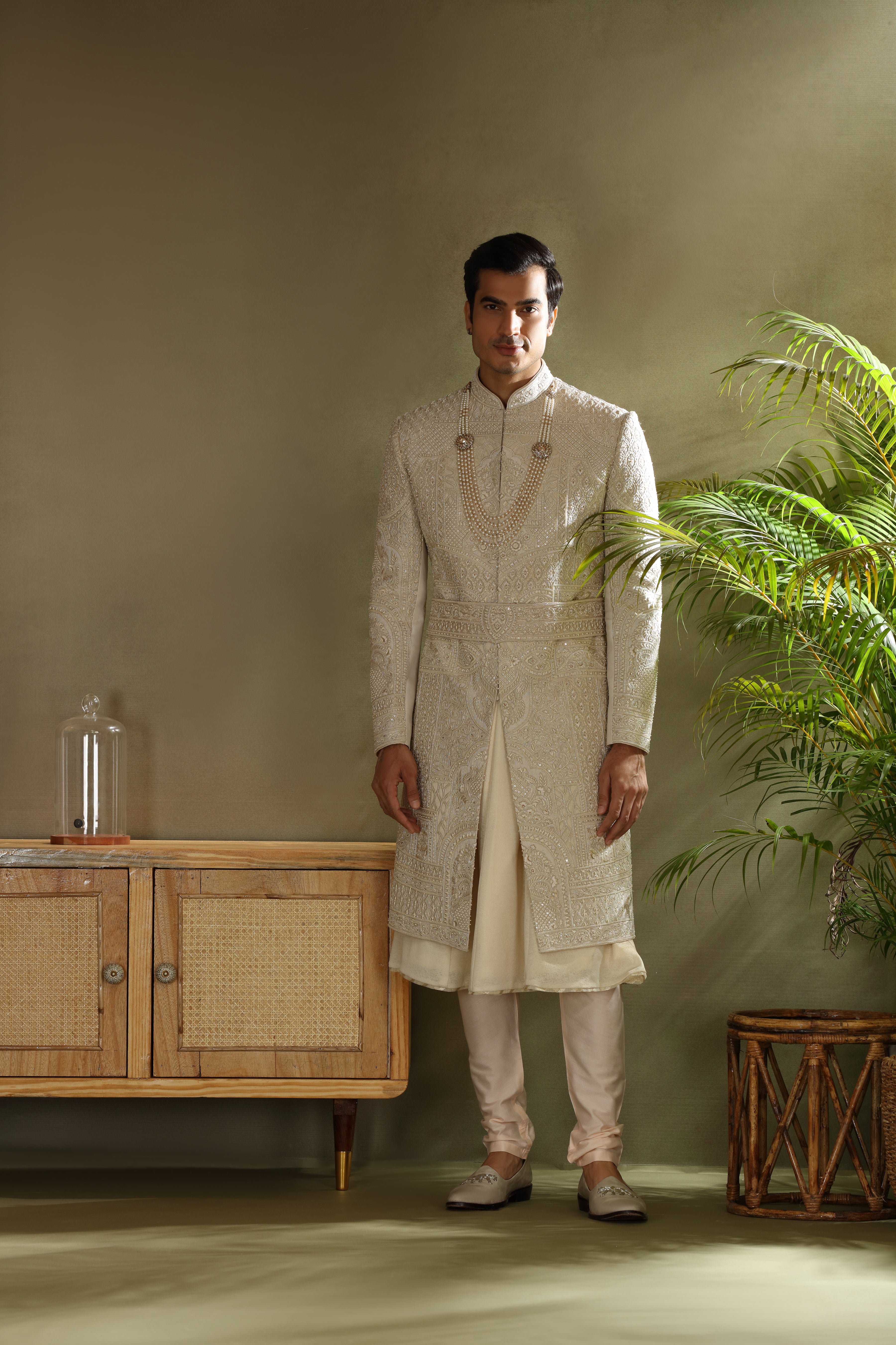 Feon Cream Silk Sherwani with Resham Zardoshi, Pearl Work