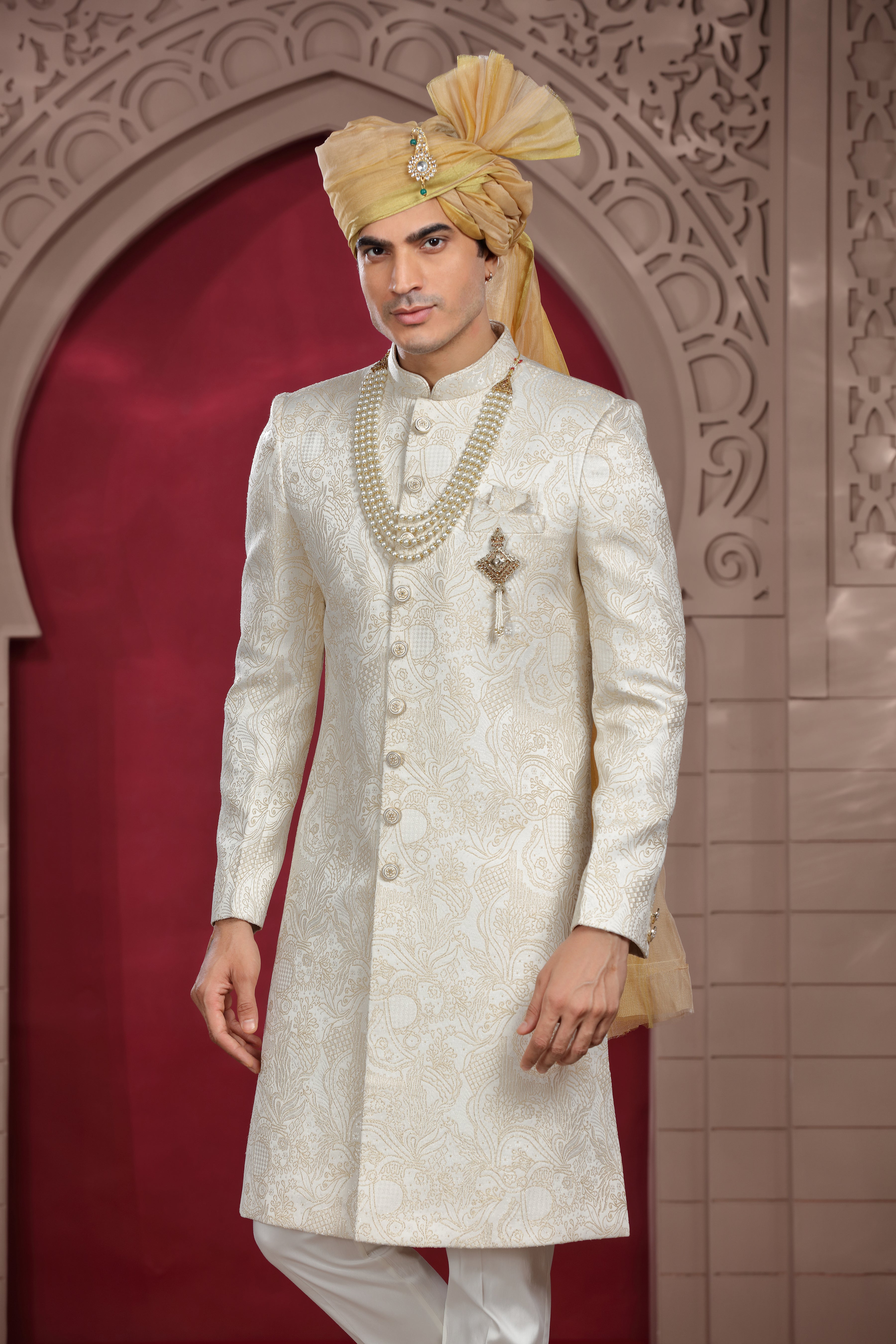 Off White Raw Silk Sherwani with Aari Work & Pearl Buttons