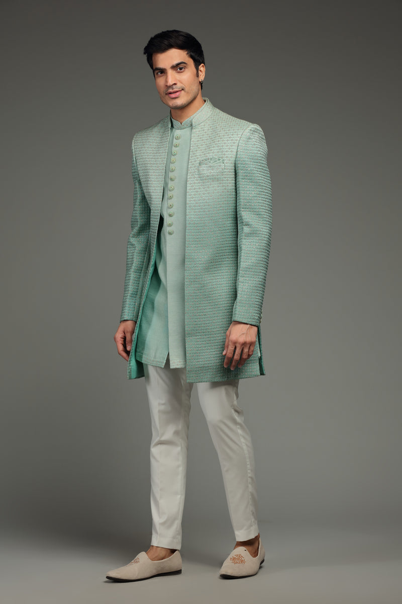 Pastel Green Silk Jacket Set With Resham & Sequin