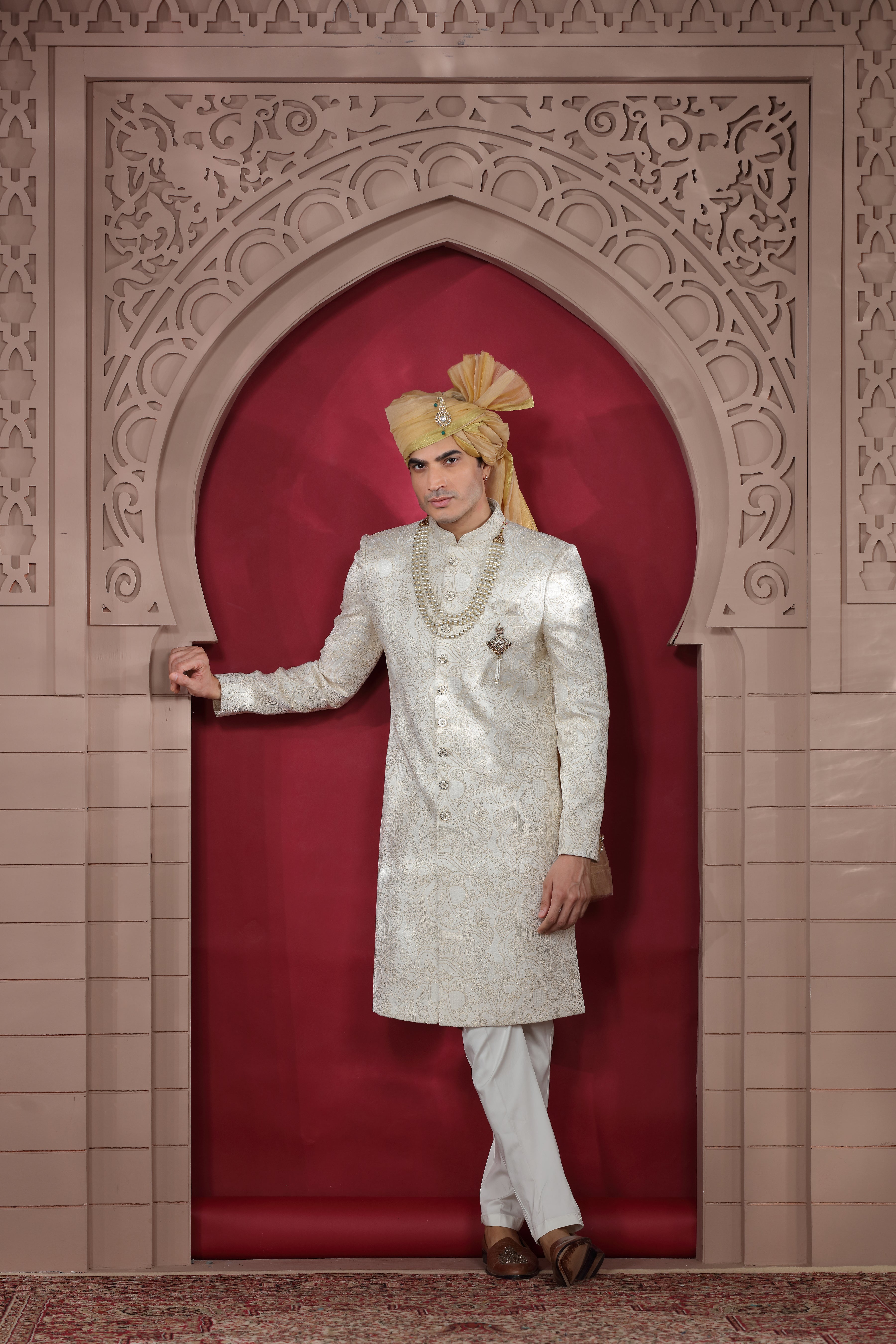 Off White Raw Silk Sherwani with Aari Work & Pearl Buttons