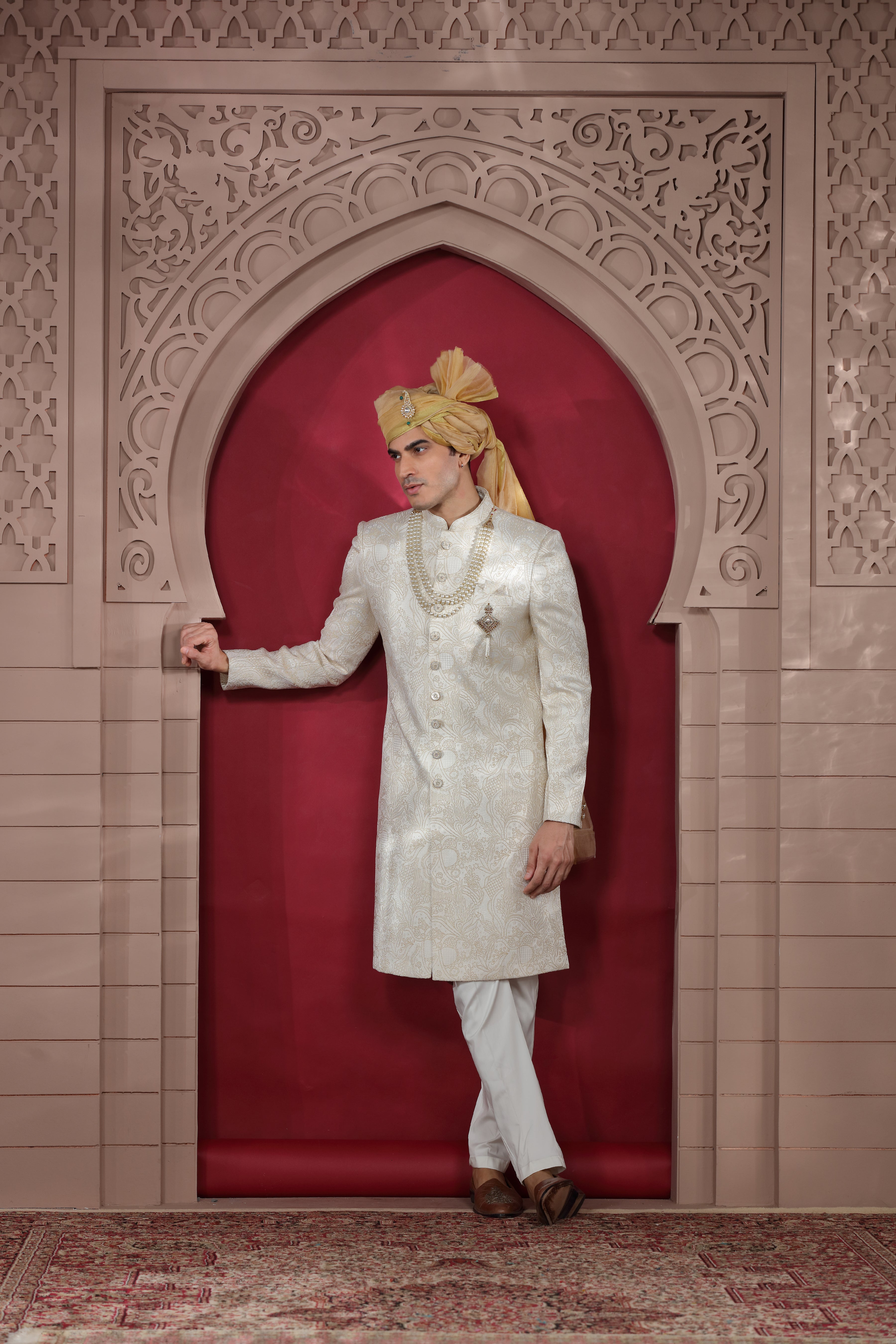 Off White Raw Silk Sherwani with Aari Work & Pearl Buttons