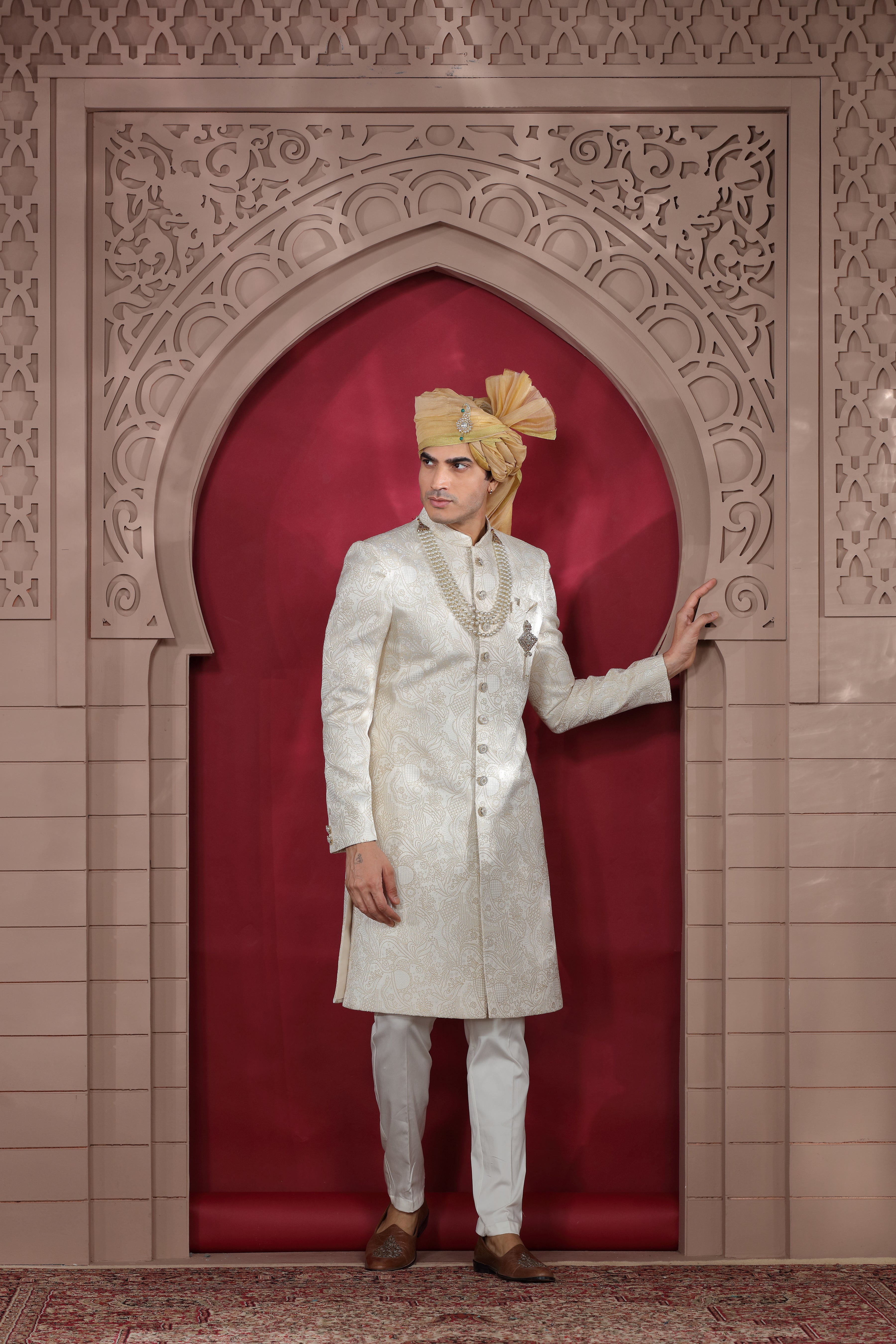 Off White Raw Silk Sherwani with Aari Work & Pearl Buttons