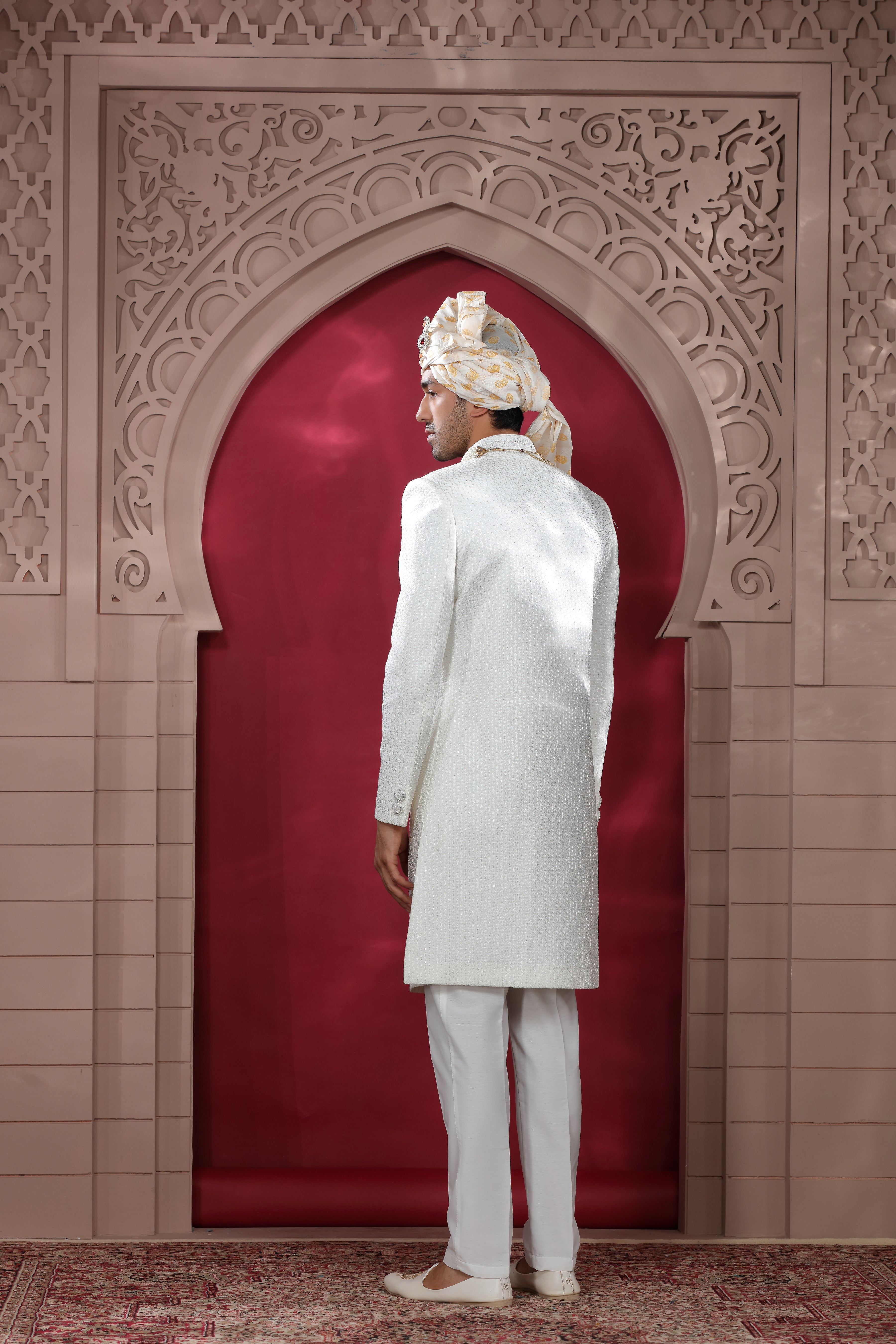 White Raw Silk Sherwani with Khatt Work & Bead Buttons