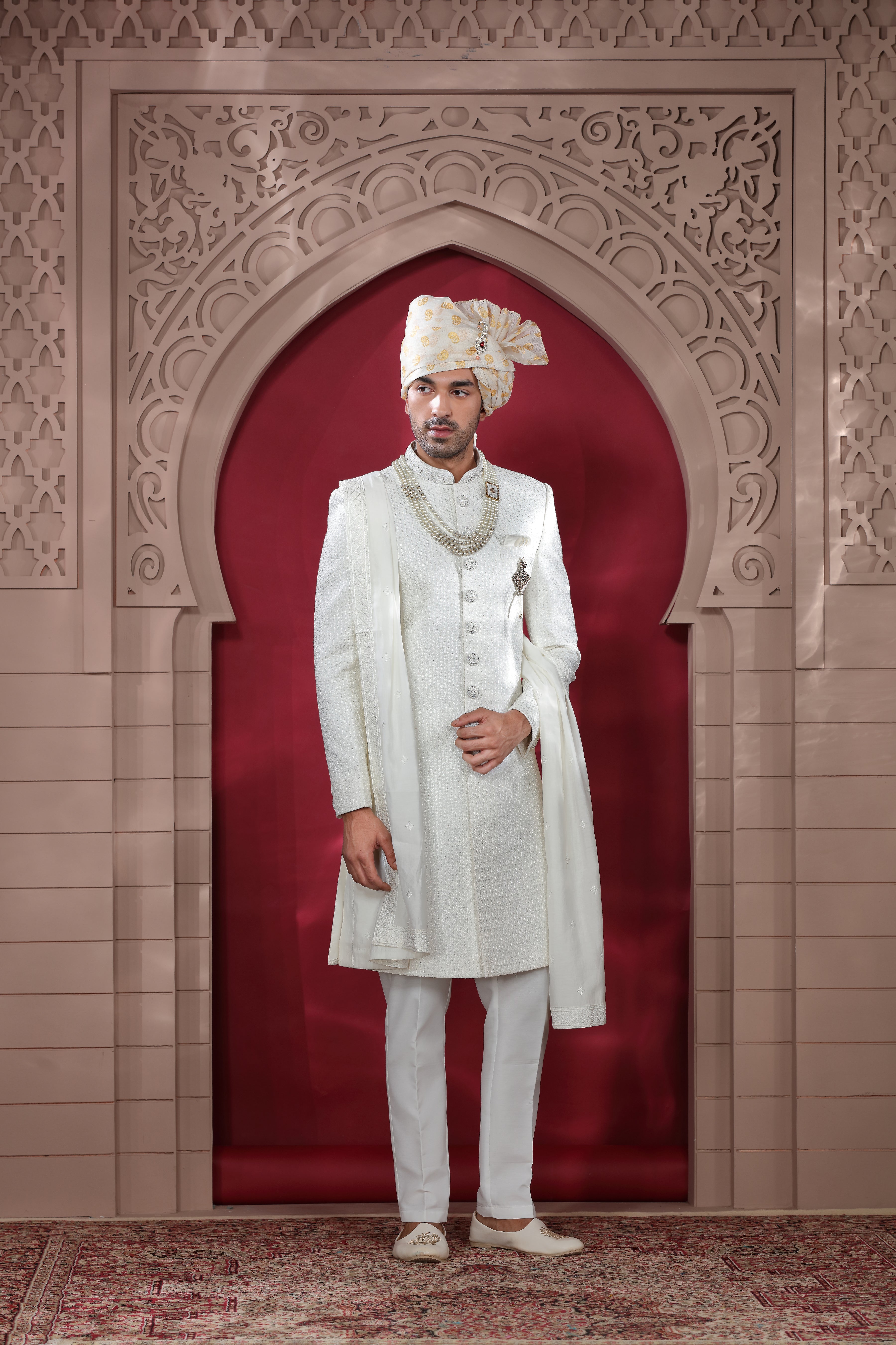 White Raw Silk Sherwani with Khatt Work & Bead Buttons