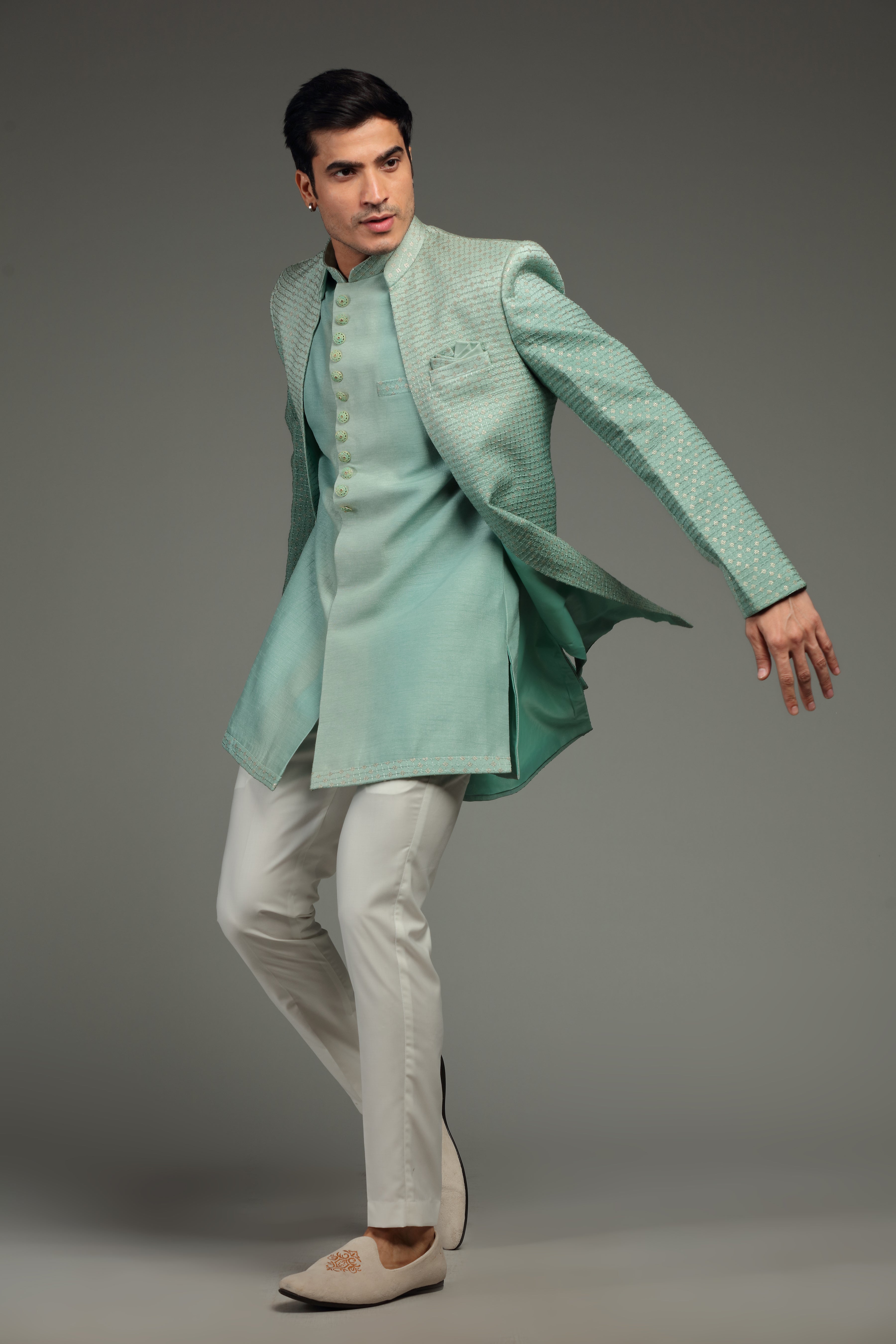 Pastel Green Silk Jacket Set With Resham & Sequin - Shreeman