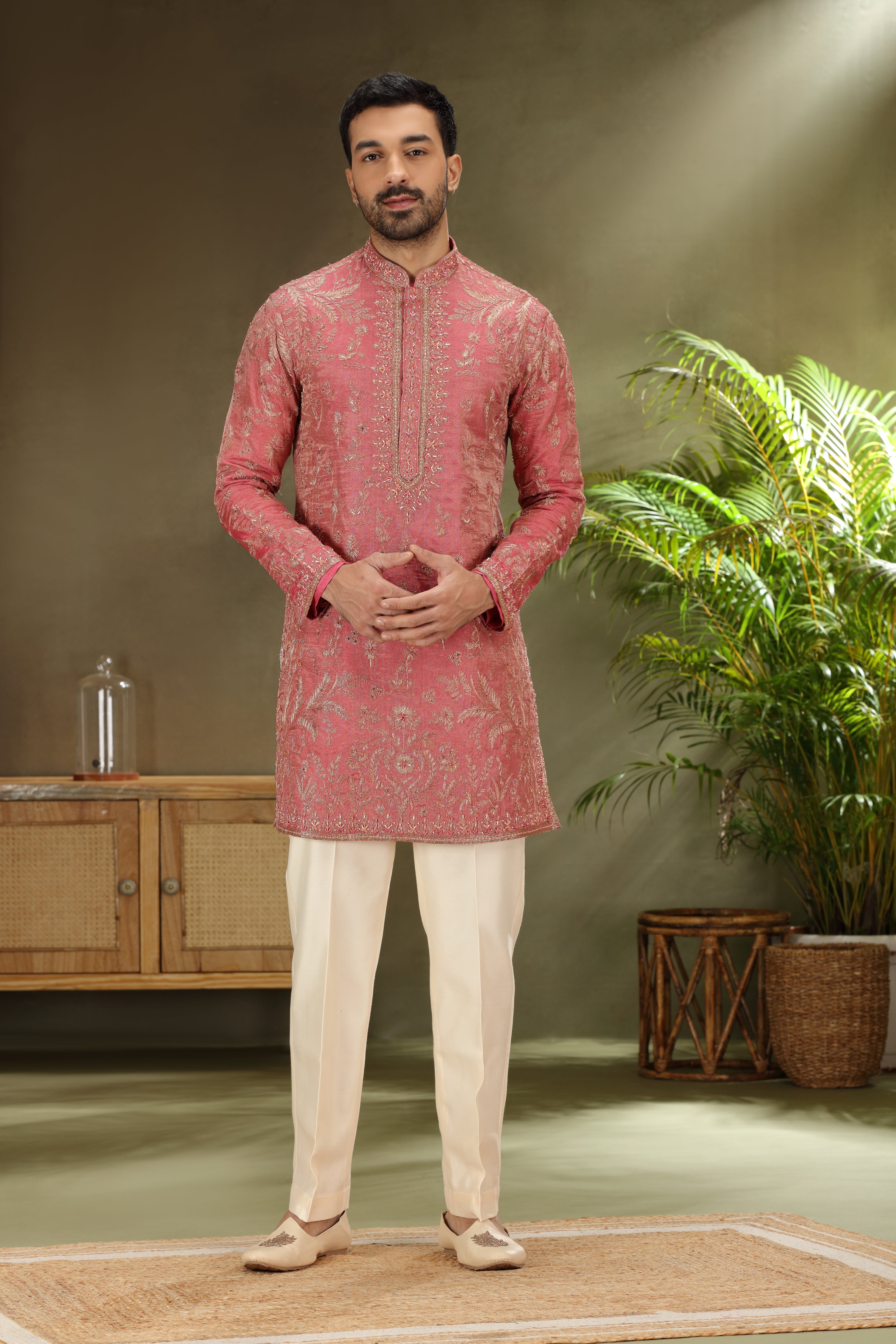 Fucia Pink Tissue Silk Kurta Set with Resham Aari Work