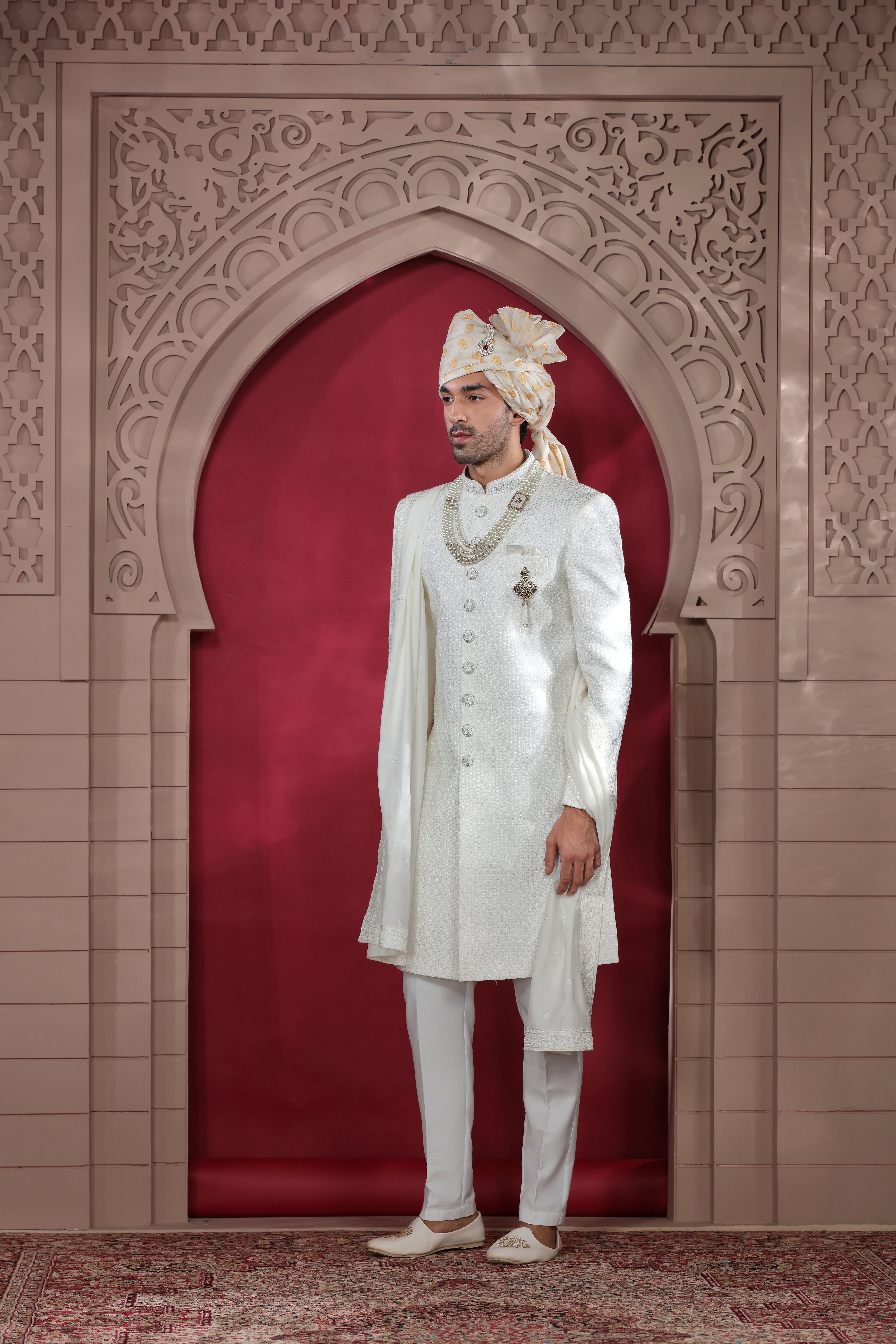 White Raw Silk Sherwani with Khatt Work & Bead Buttons