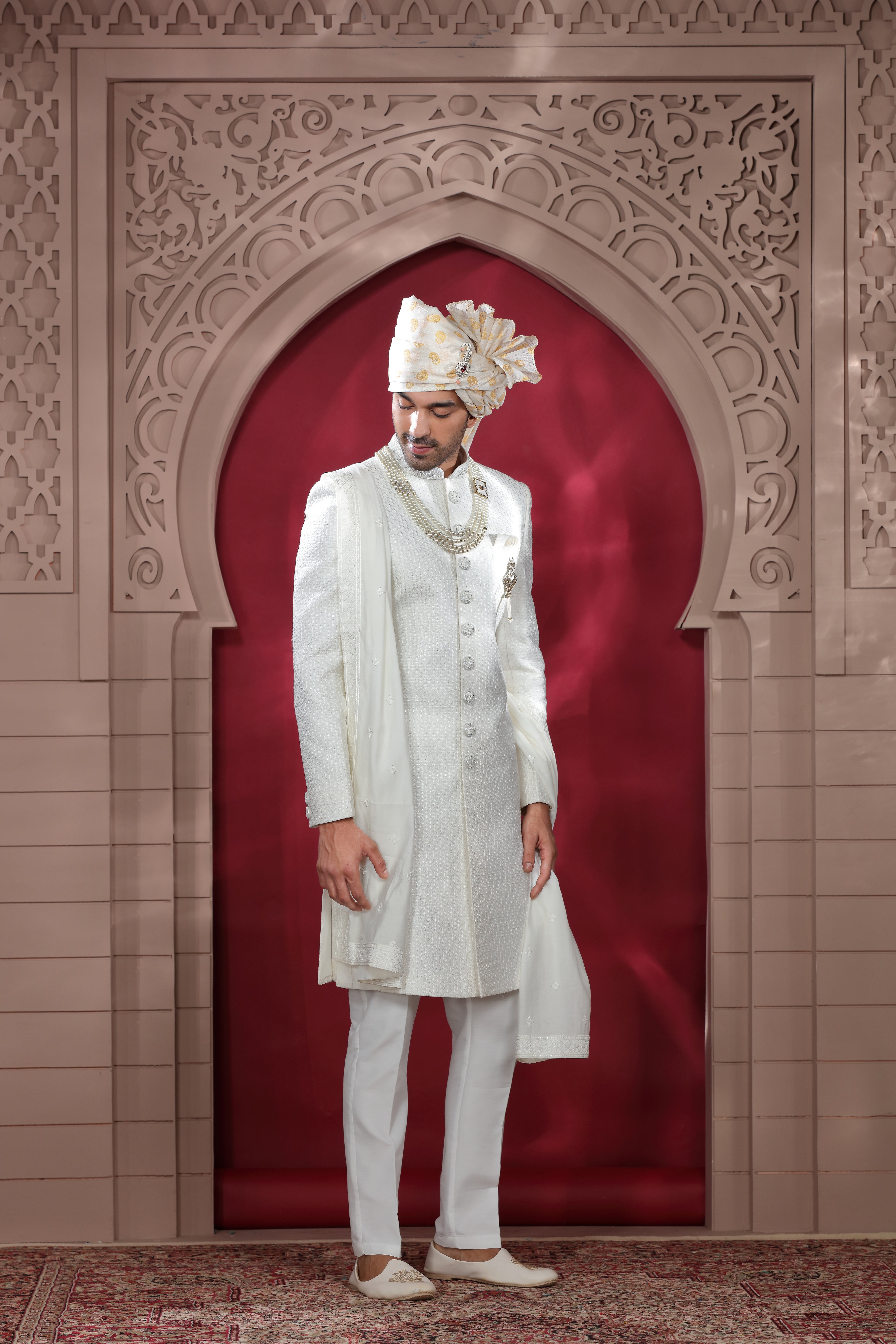 White Raw Silk Sherwani with Khatt Work & Bead Buttons