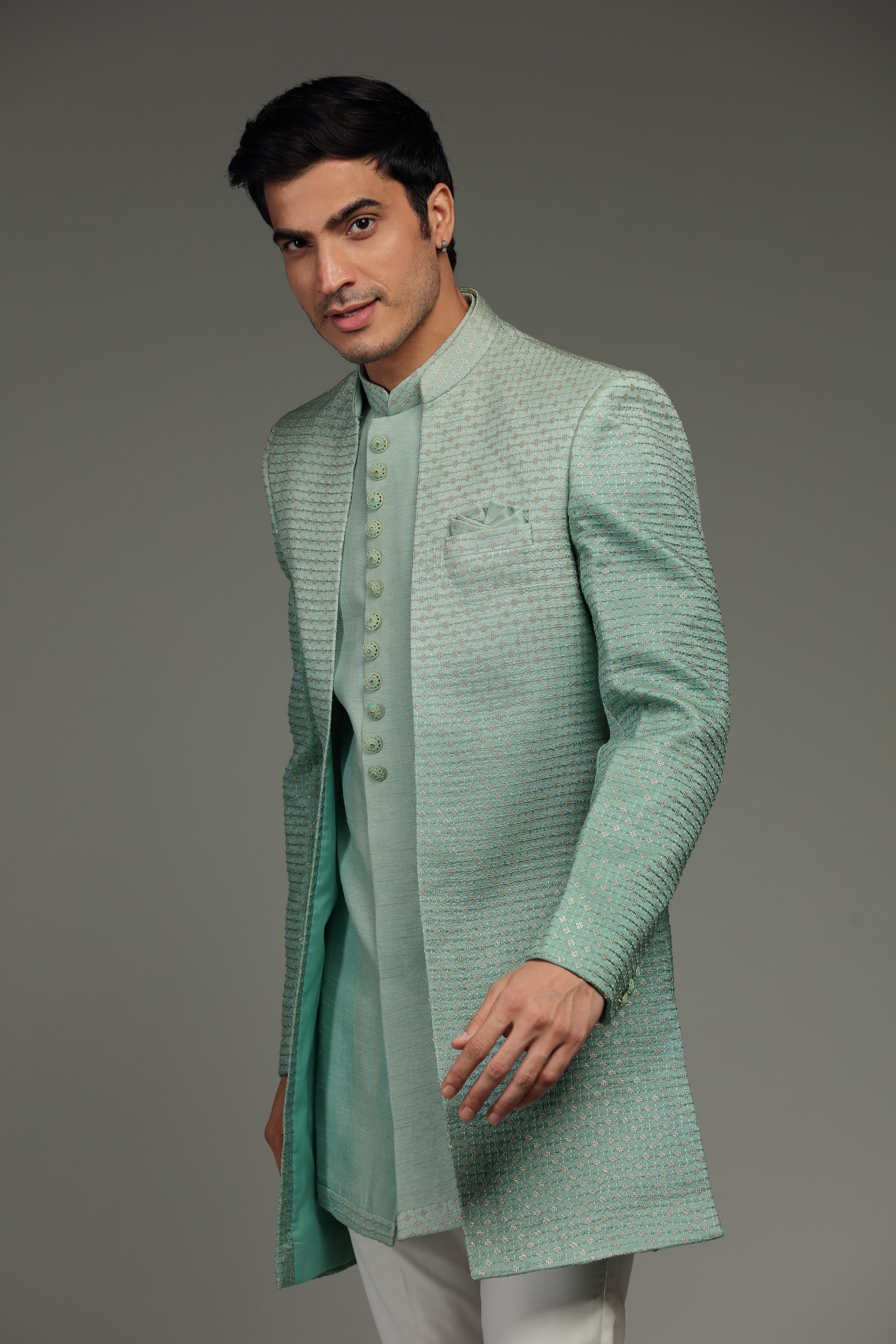 Pastel Green Silk Jacket Set With Resham & Sequin - Shreeman