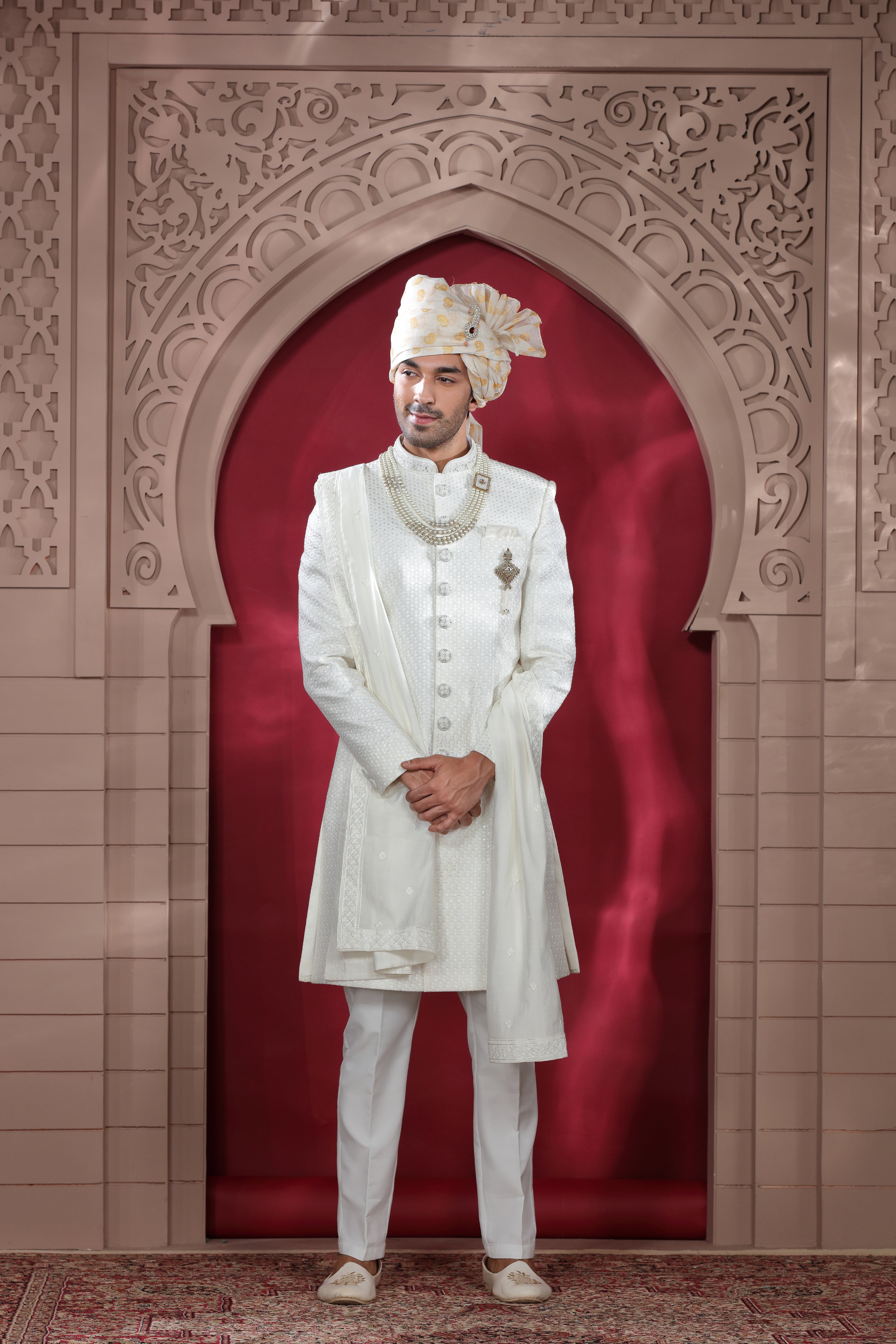 White Raw Silk Sherwani with Khatt Work & Bead Buttons