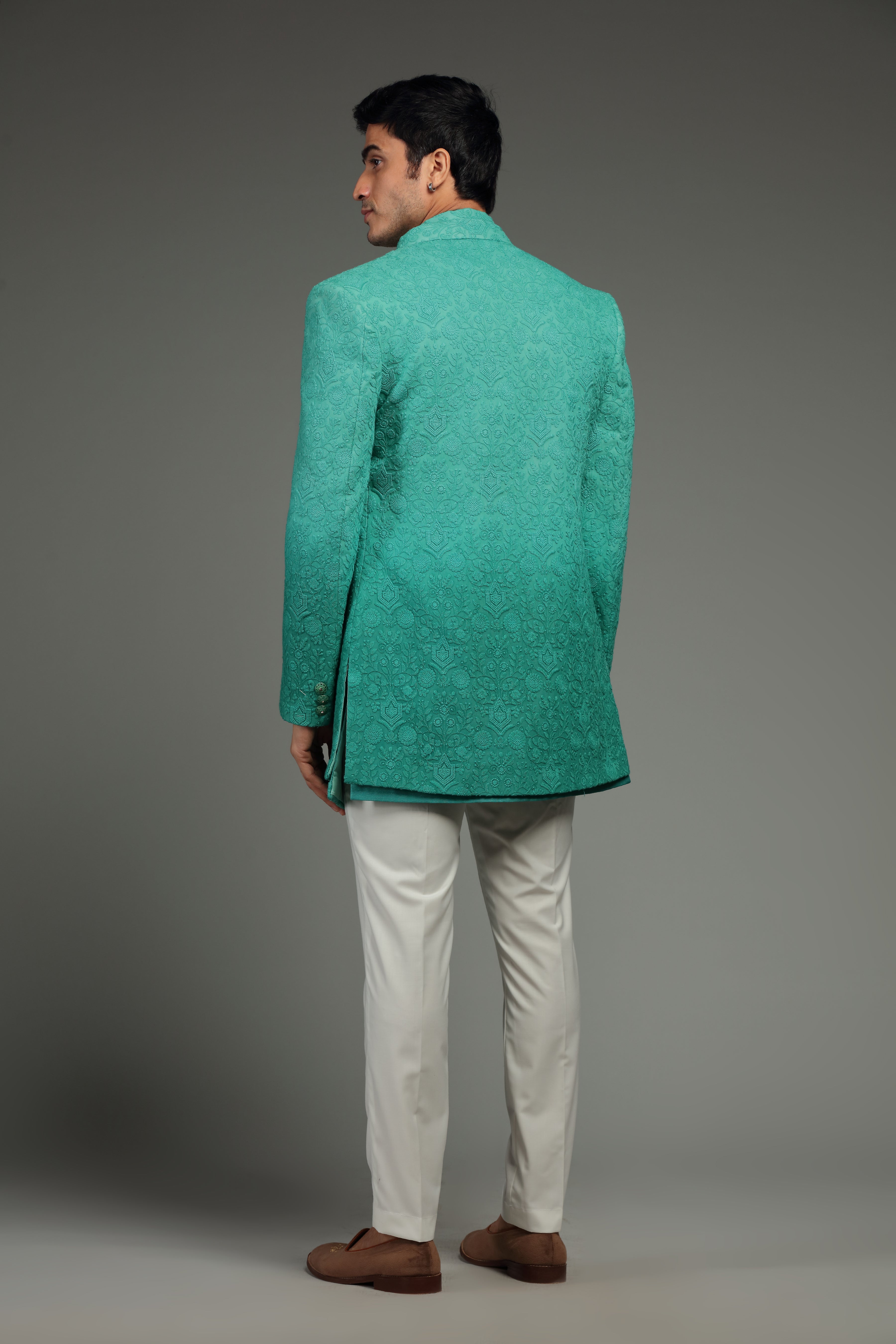 Sea Green Silk Jacket Set With Resham Embroidery - Shreeman