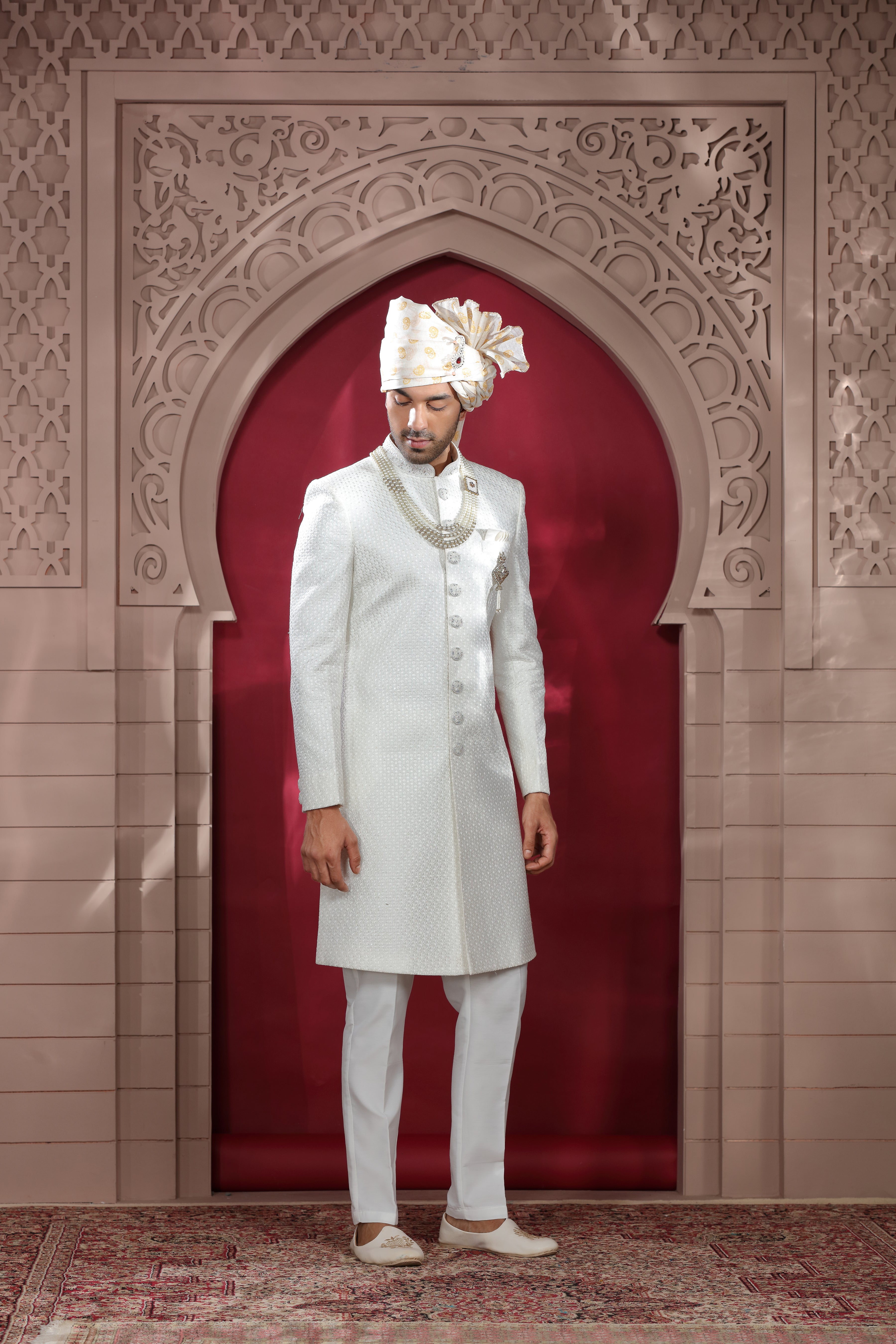 White Raw Silk Sherwani with Khatt Work & Bead Buttons