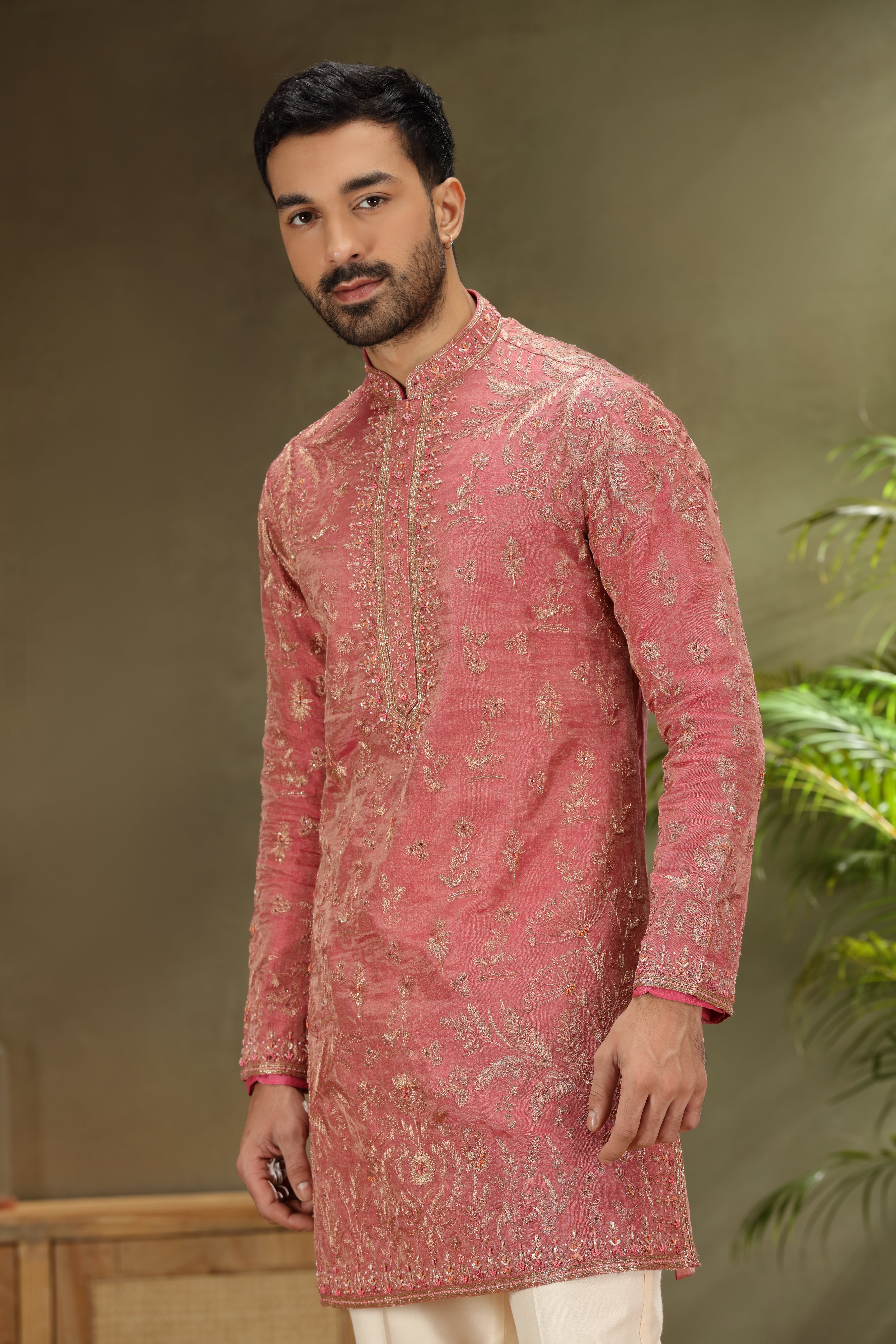 Fucia Pink Tissue Silk Kurta Set with Resham Aari Work