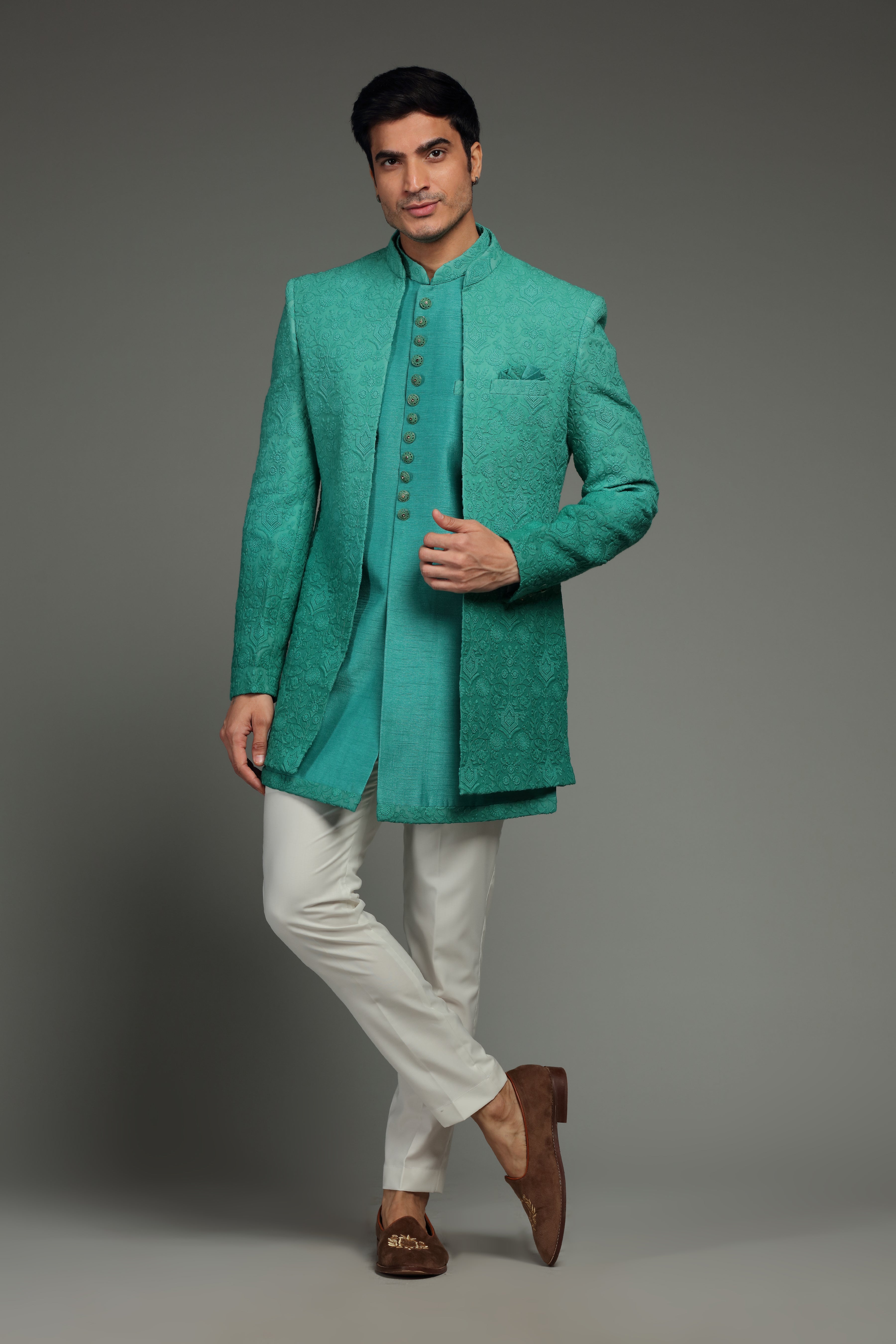 Sea Green Silk Jacket Set With Resham Embroidery - Shreeman