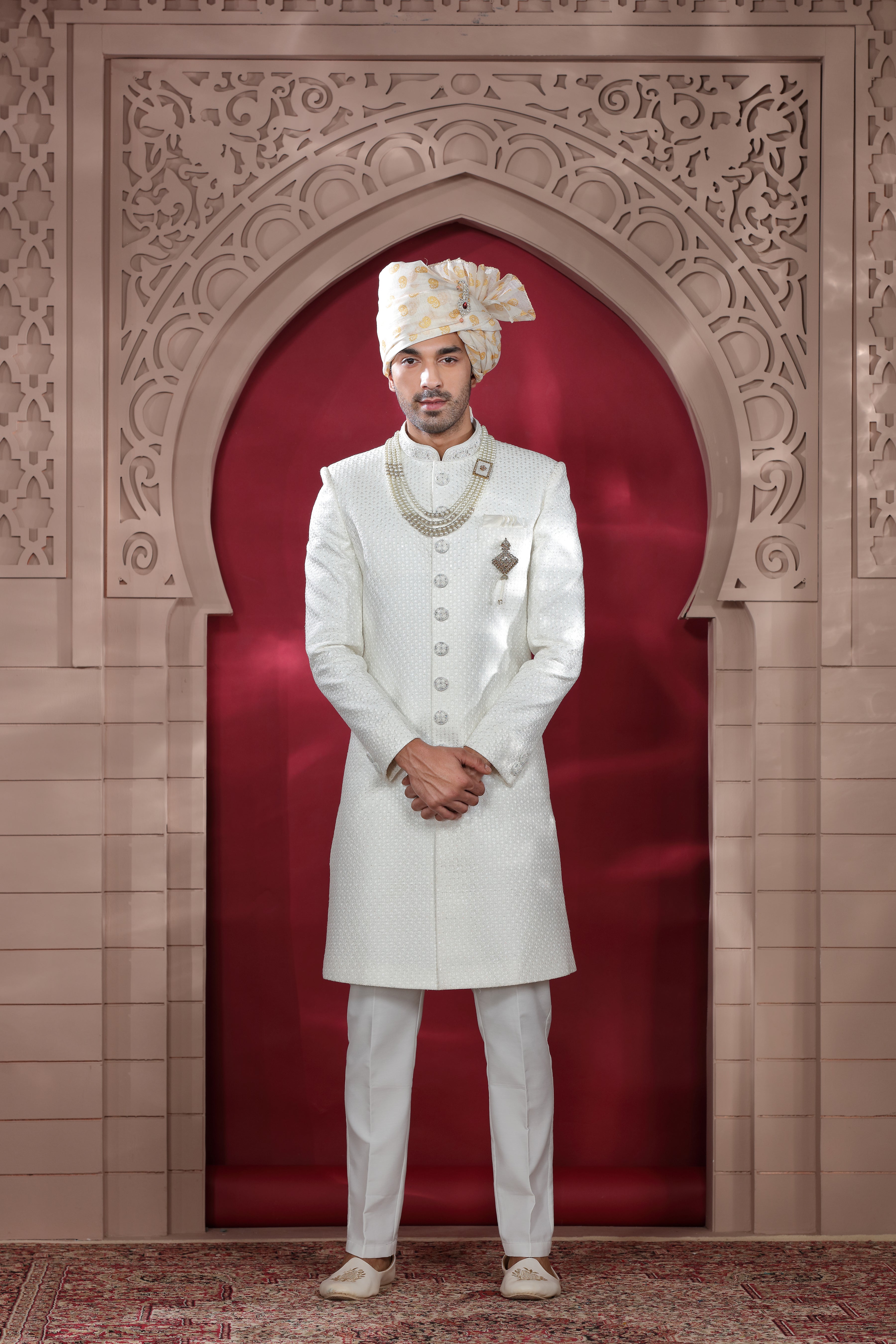 White Raw Silk Sherwani with Khatt Work & Bead Buttons