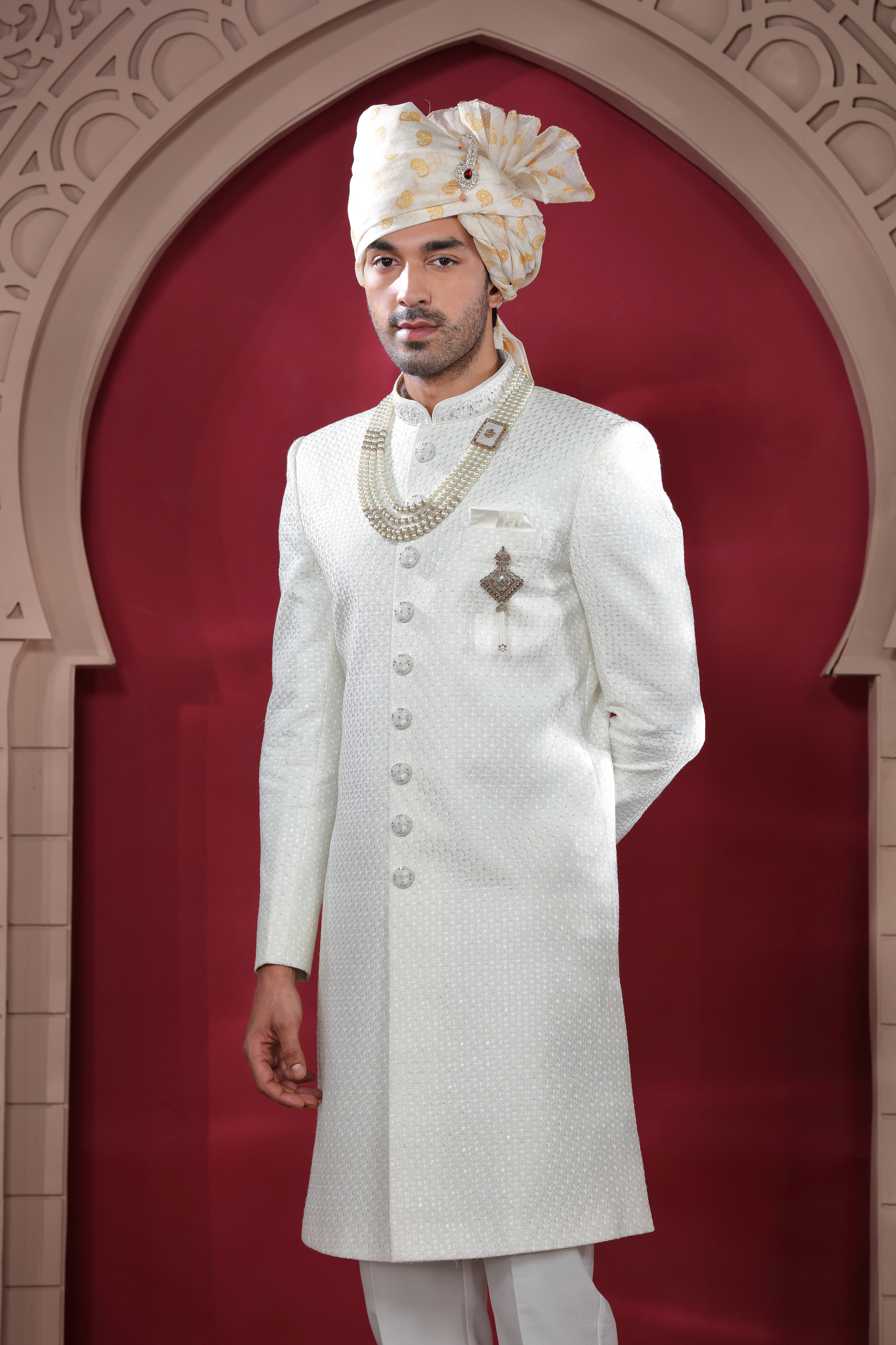 White Raw Silk Sherwani with Khatt Work & Bead Buttons