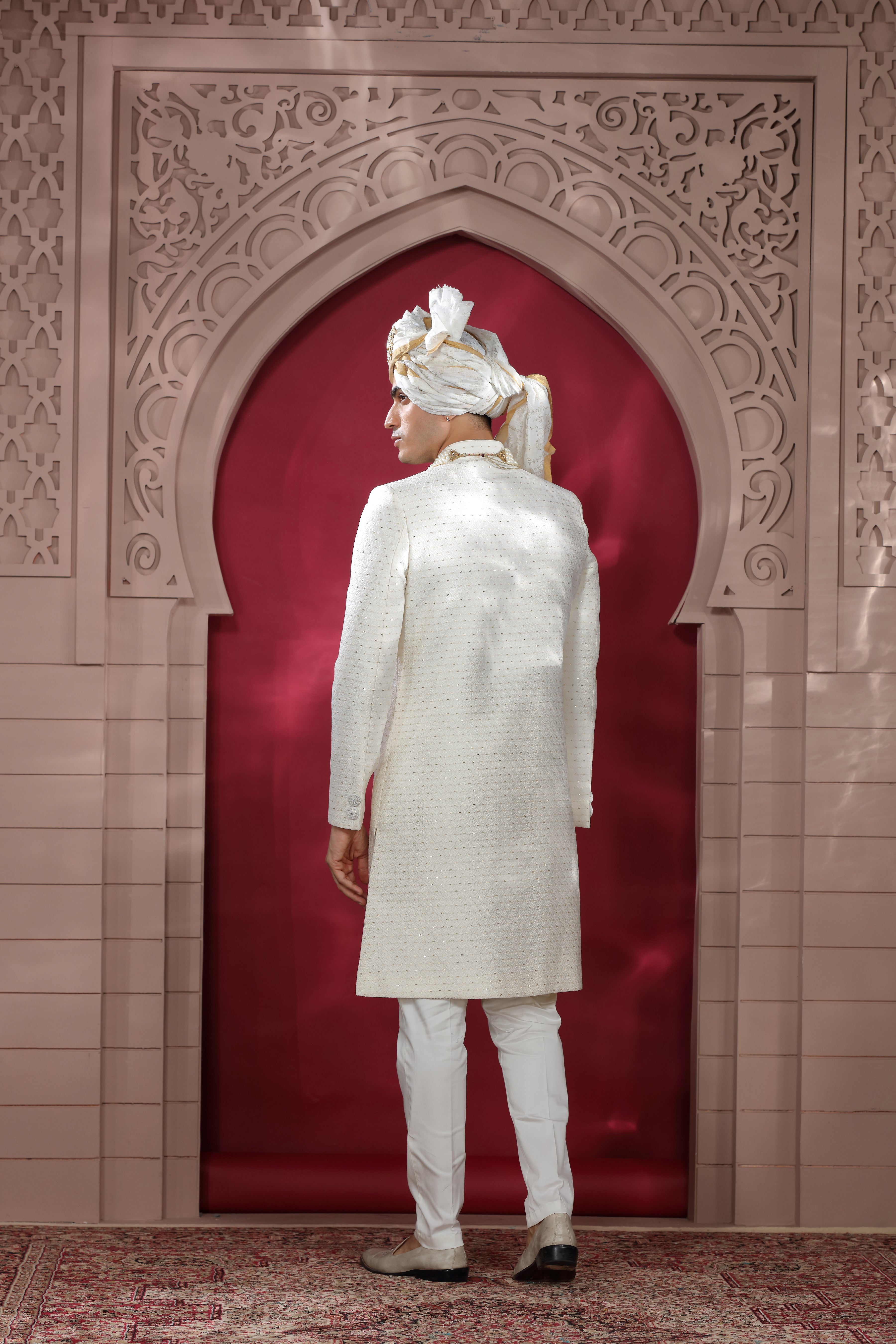 White Raw Silk Sherwani with Khatt Work & Bead Buttons