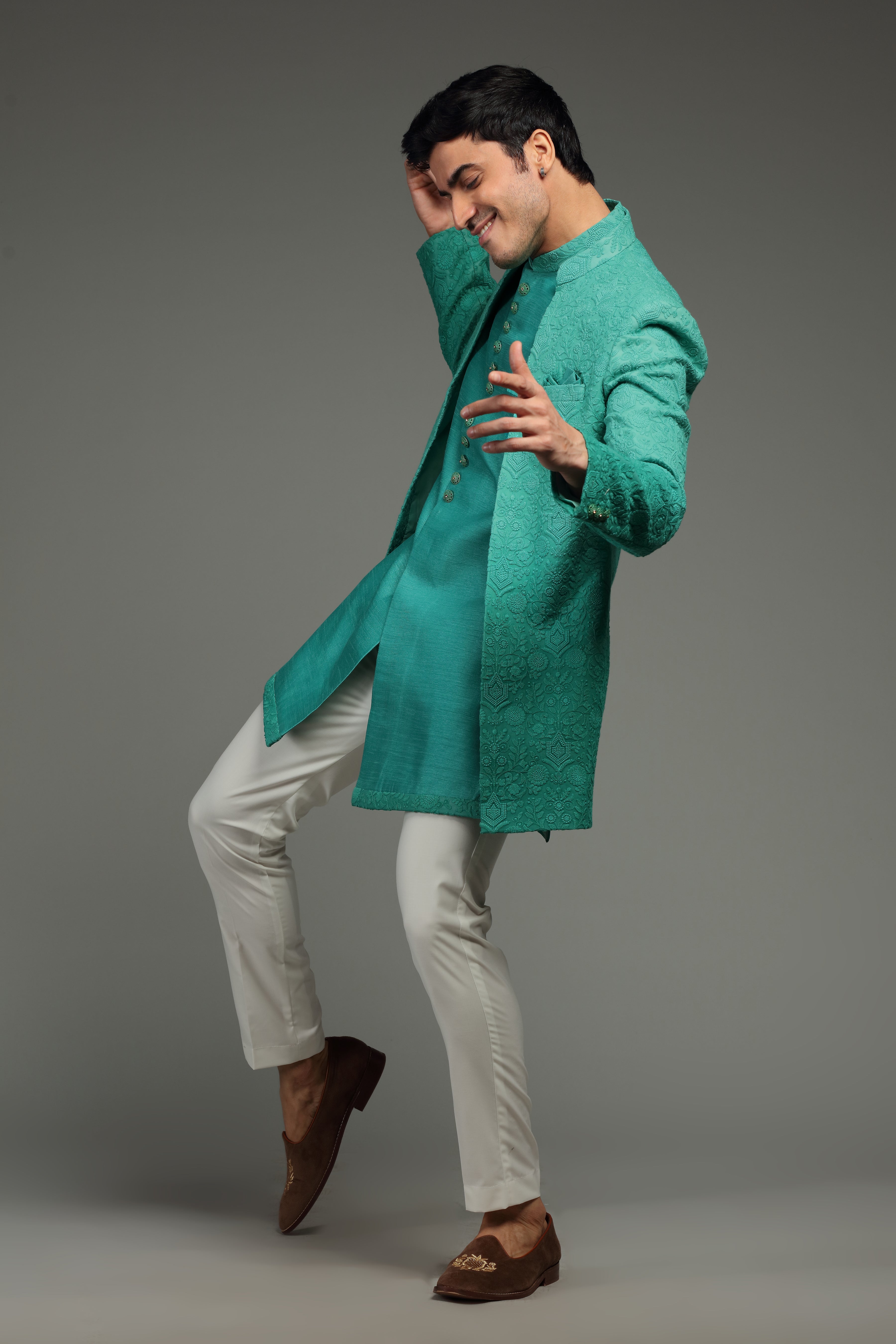 Sea Green Silk Jacket Set With Resham Embroidery - Shreeman