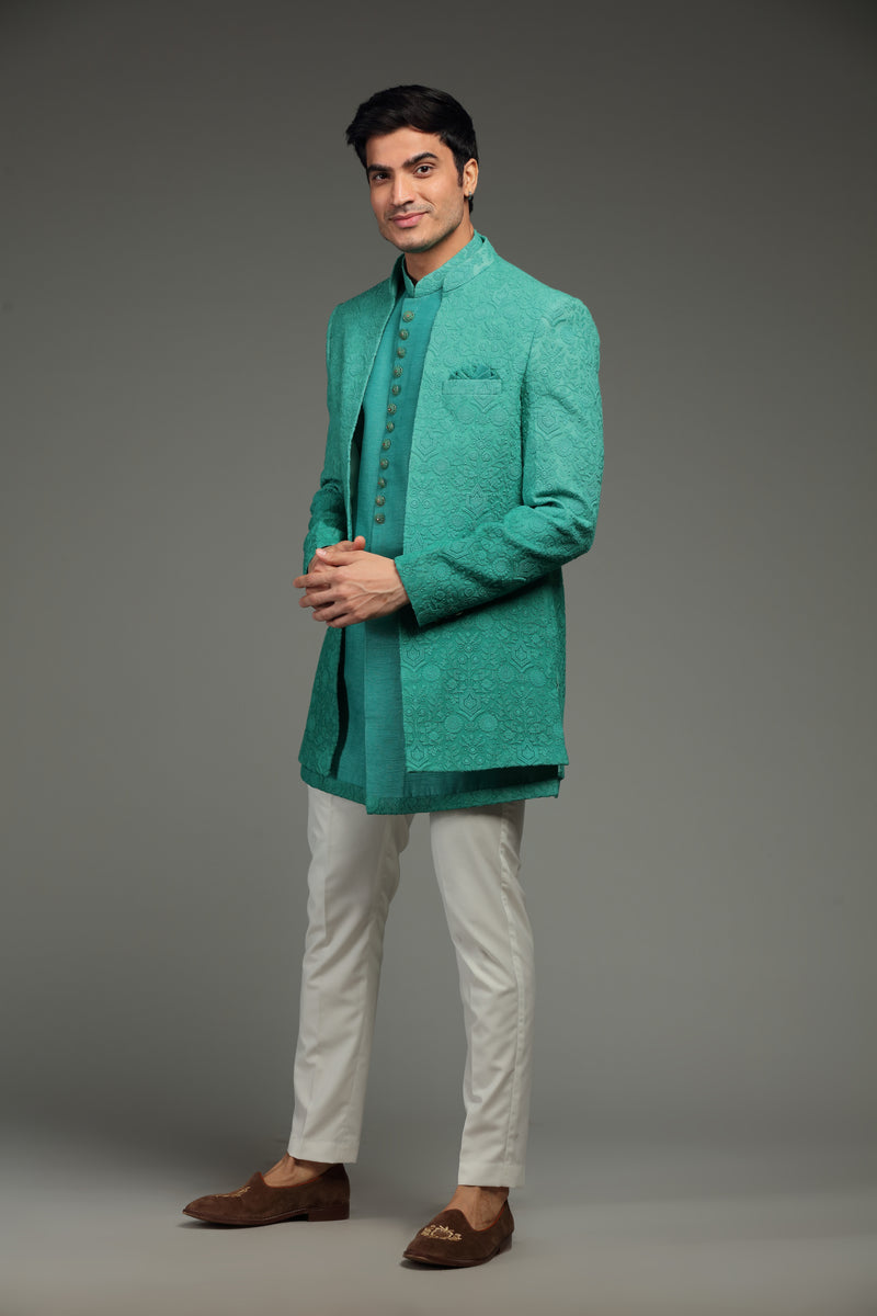 Sea Green Silk Jacket Set With Resham Embroidery