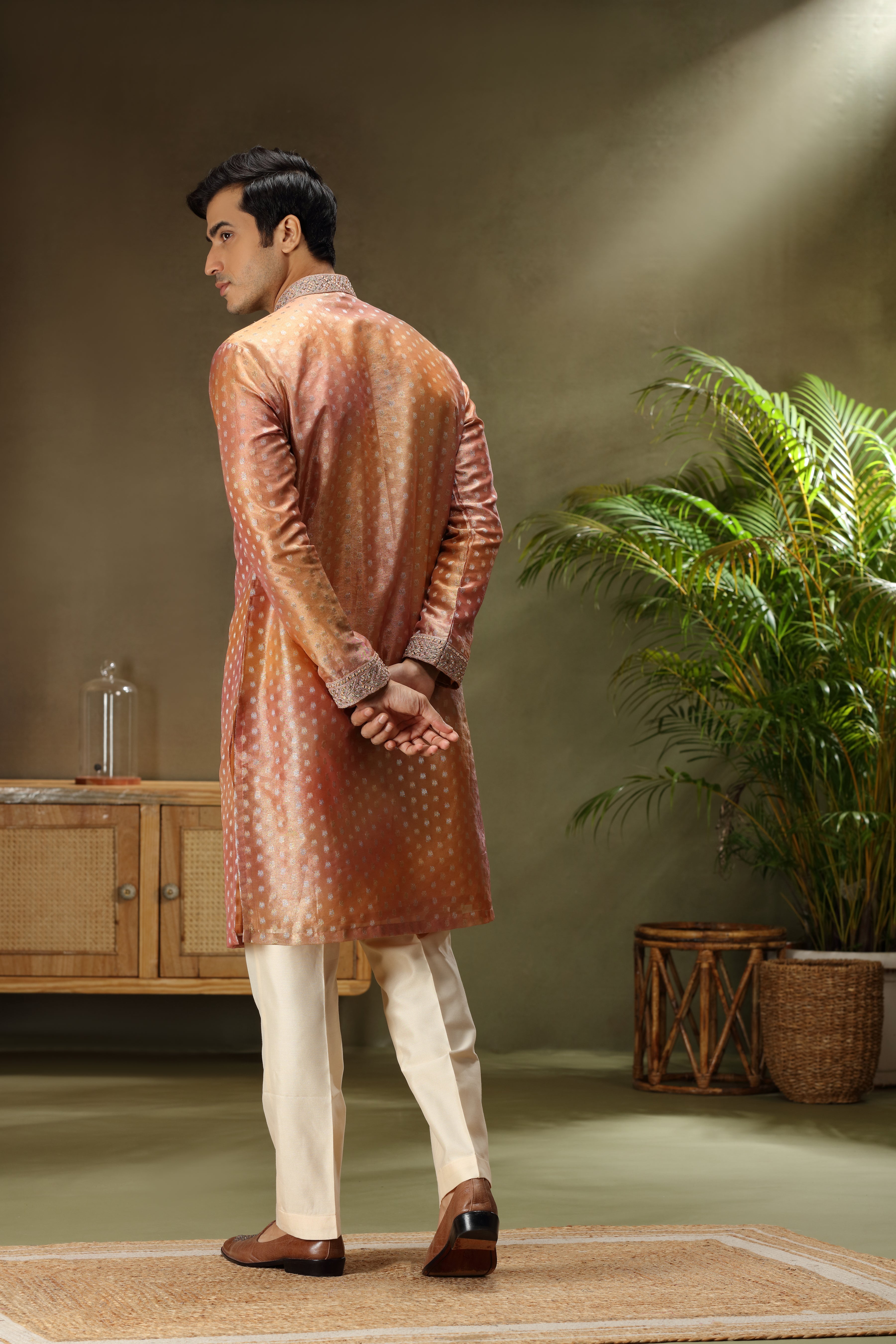 Burnt Orange Tissue Silk Kurta Set with Bead Zardoshi Work