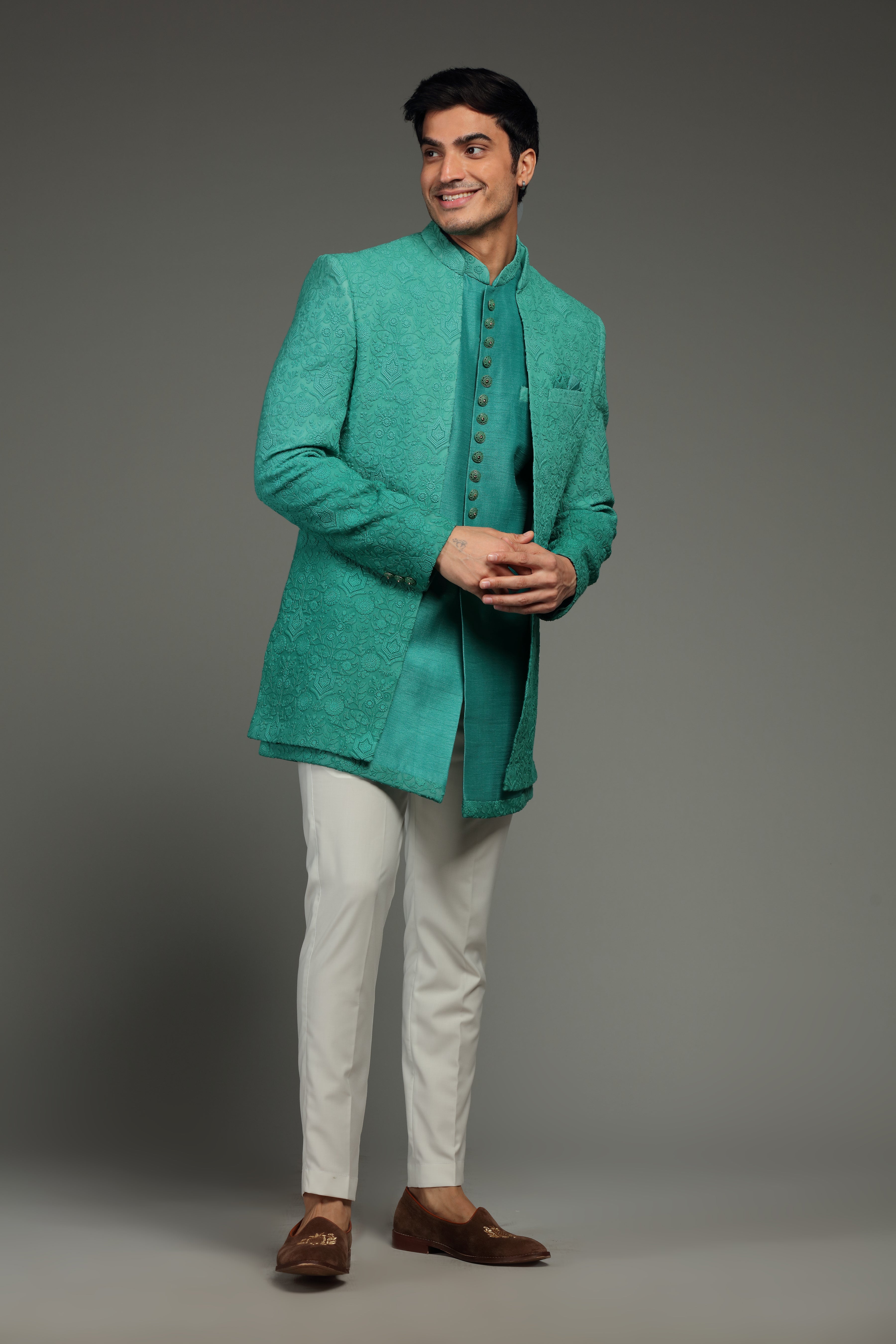 Sea Green Silk Jacket Set With Resham Embroidery - Shreeman