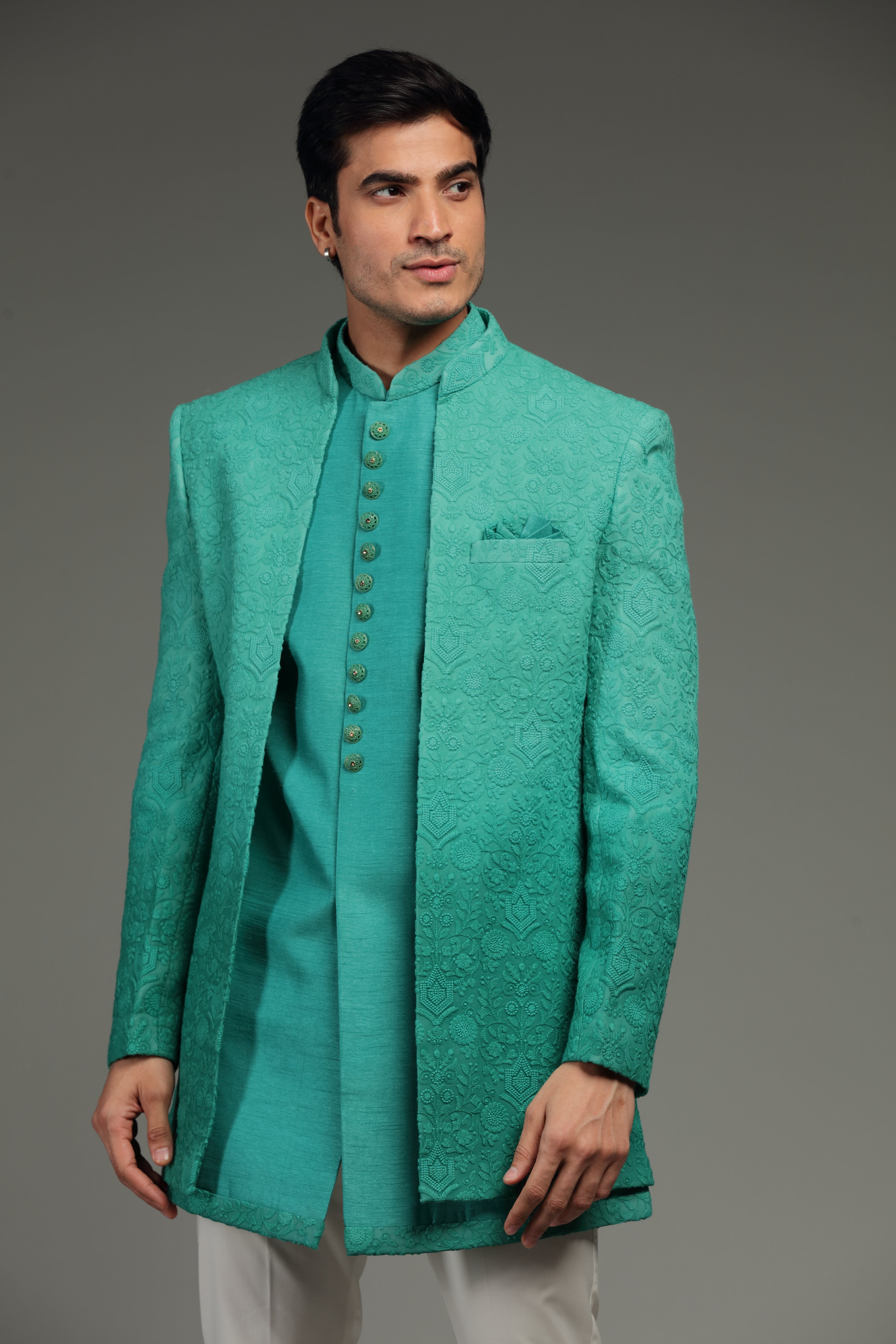 Sea Green Silk Jacket Set With Resham Embroidery - Shreeman