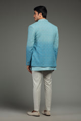 Blue Ombre Silk Jacket Set With Floral Embroidery