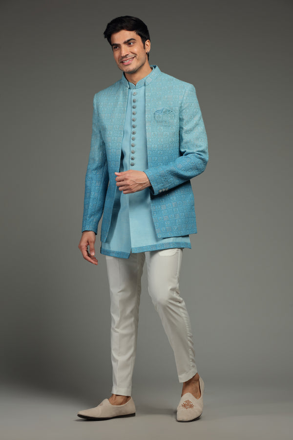 Blue Ombre Silk Jacket Set With Floral Embroidery