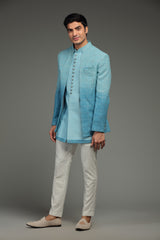 Blue Ombre Silk Jacket Set With Floral Embroidery