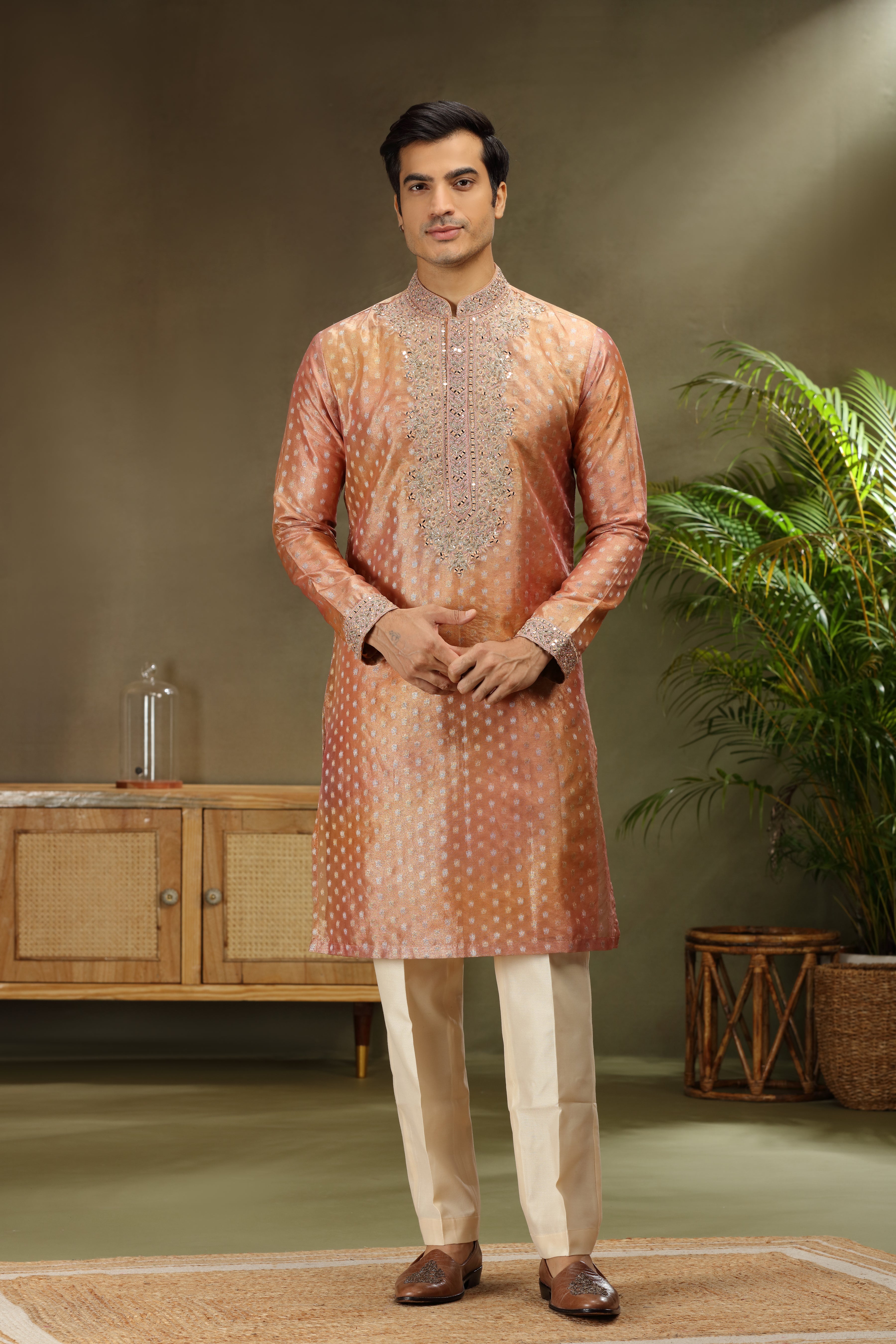Burnt Orange Tissue Silk Kurta Set with Bead Zardoshi Work