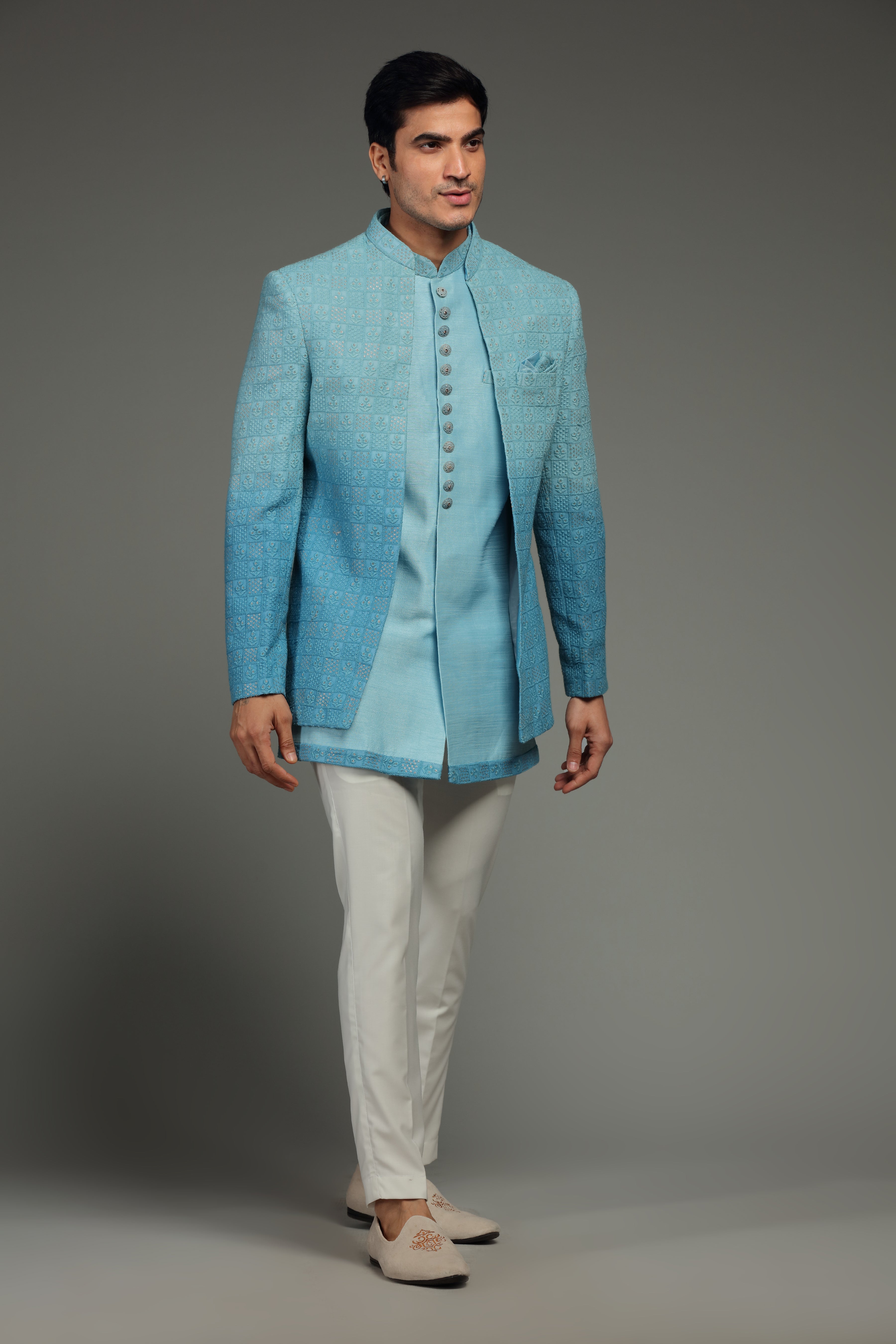 Blue Ombre Silk Jacket Set With Floral Embroidery - Shreeman