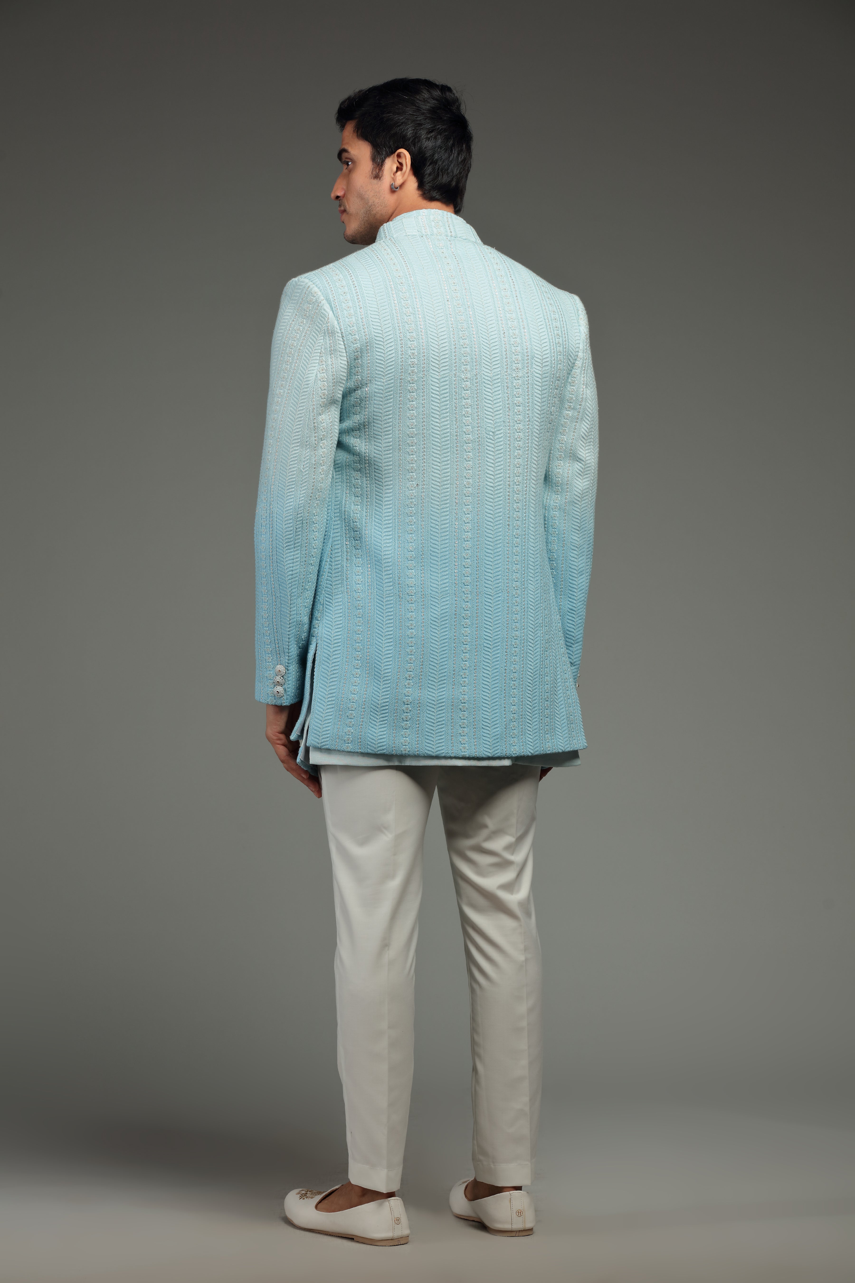 Pastel Blue Ombre Silk Jacket Set In Floral Embroidery - Shreeman