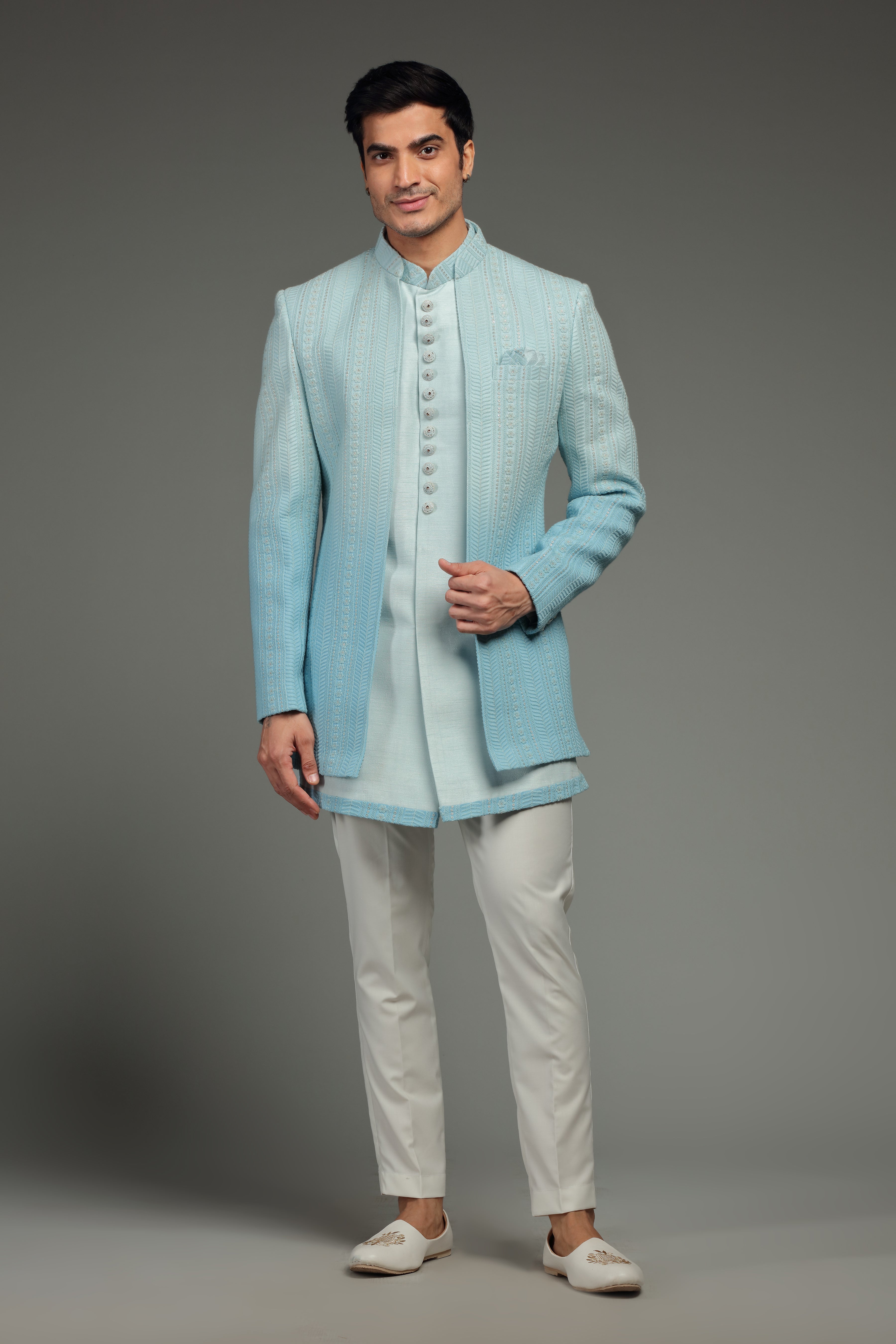 Pastel Blue Ombre Silk Jacket Set In Floral Embroidery - Shreeman