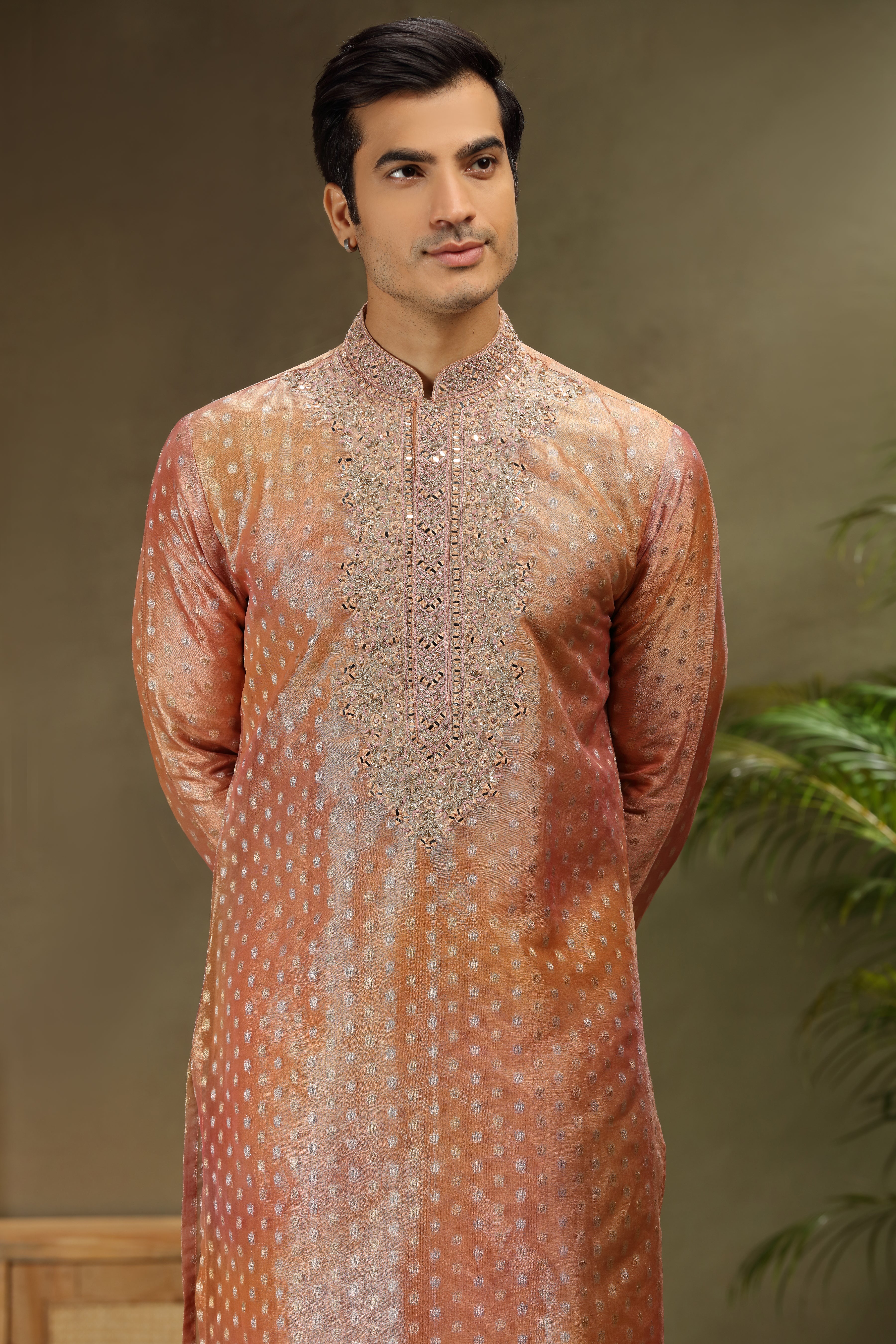 Burnt Orange Tissue Silk Kurta Set with Bead Zardoshi Work