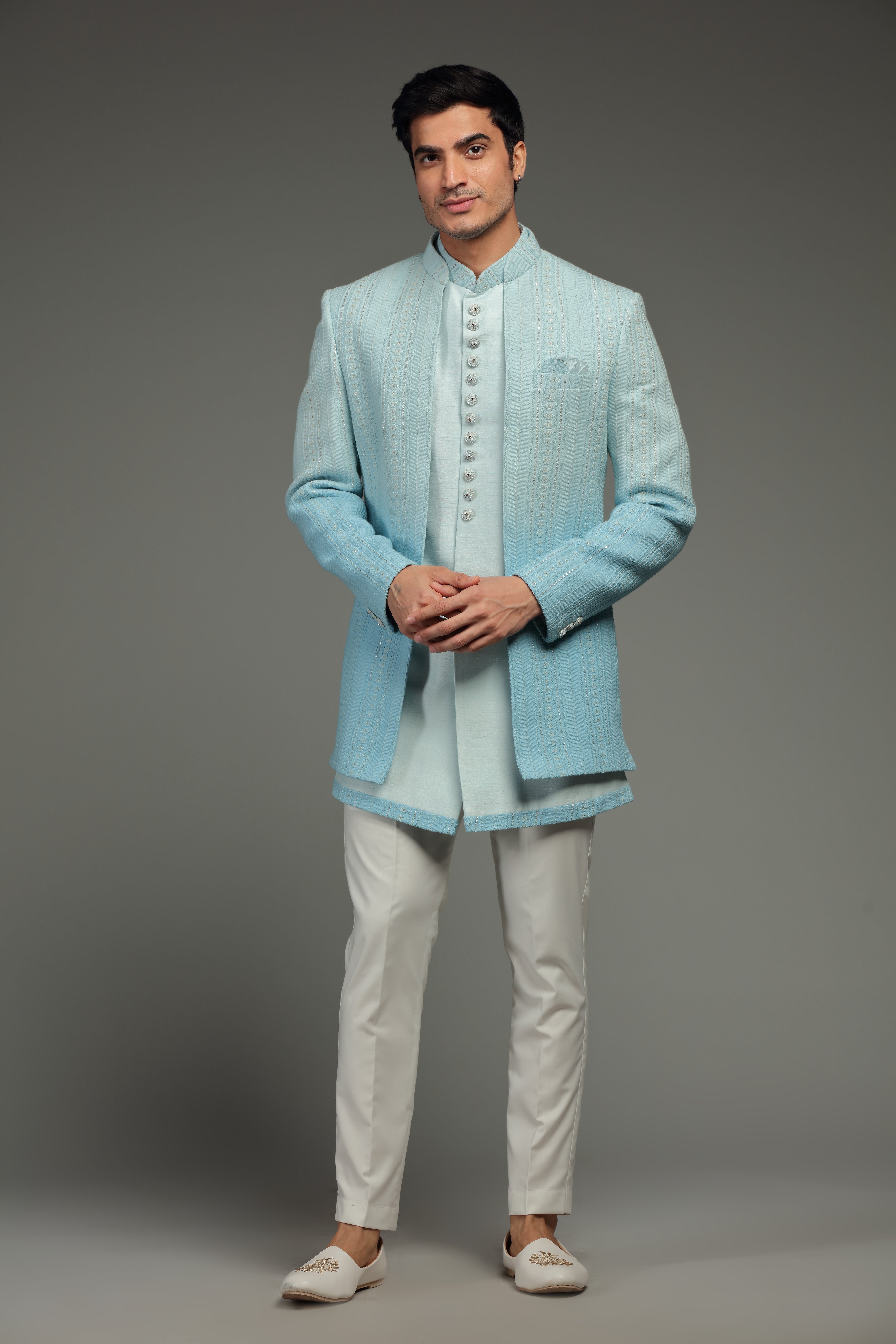 Pastel Blue Ombre Silk Jacket Set In Floral Embroidery - (S) 36