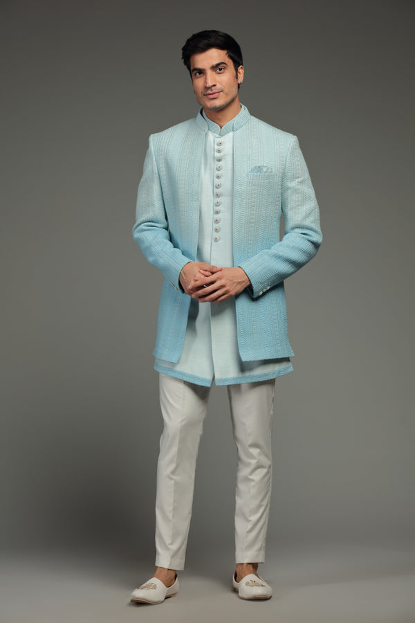 Pastel Blue Ombre Silk Jacket Set In Floral Embroidery