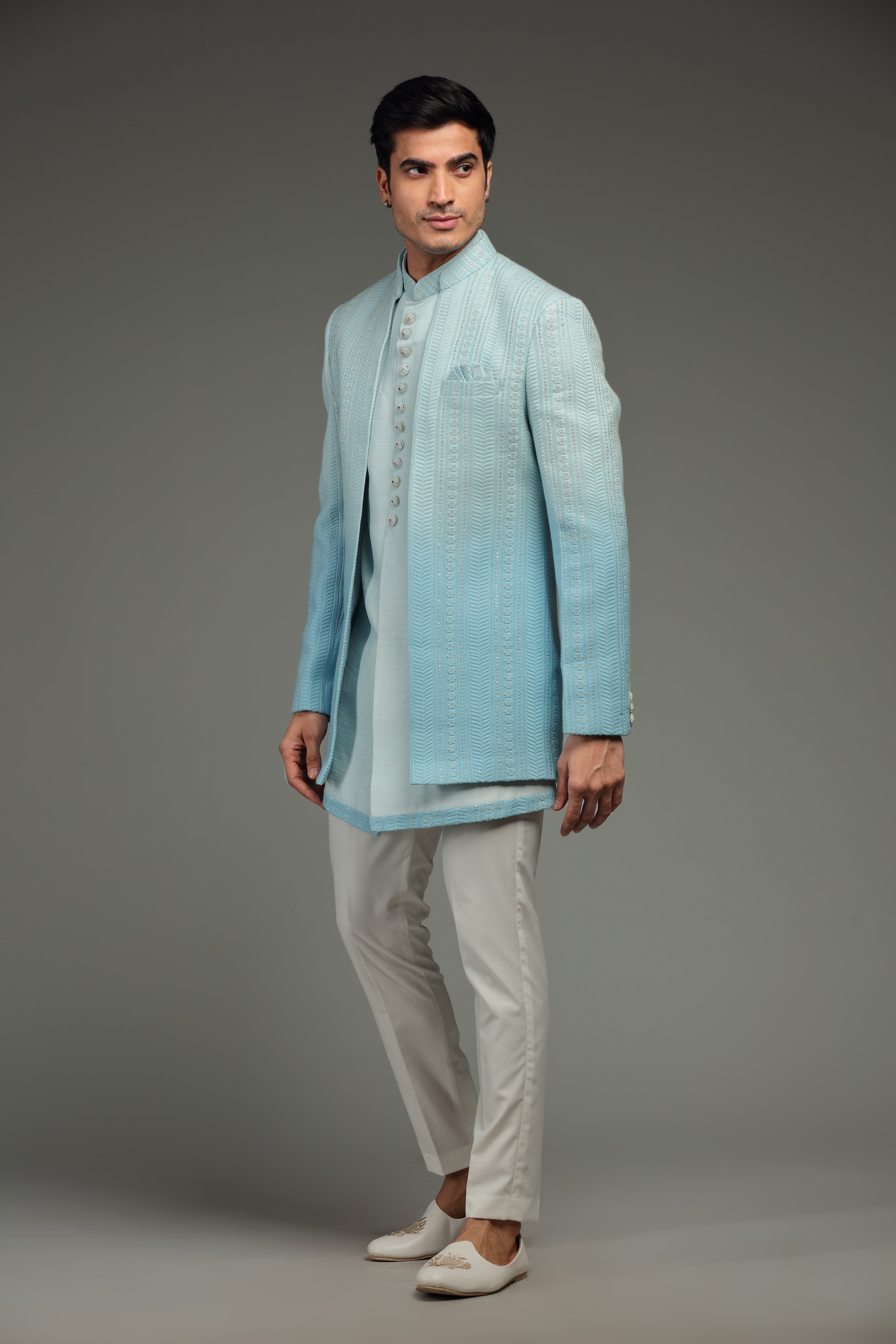 Pastel Blue Ombre Silk Jacket Set In Floral Embroidery - Shreeman