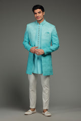 Blue Ombre Silk Jacket Set With Line Embroidery