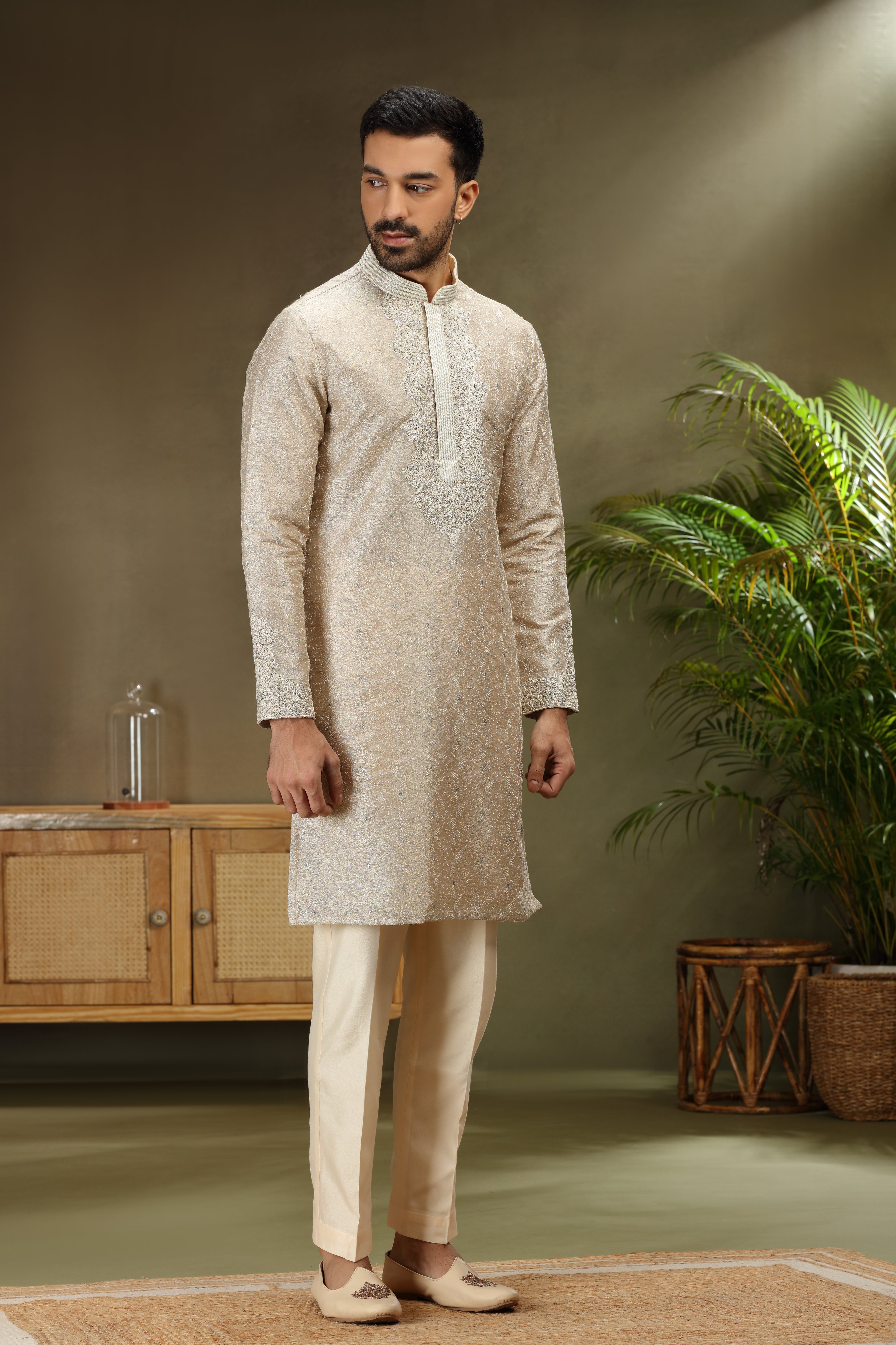 Ivory Silk Kurta Set with Resham Thread Work