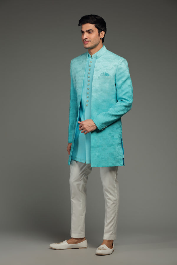 Blue Ombre Silk Jacket Set With Line Embroidery