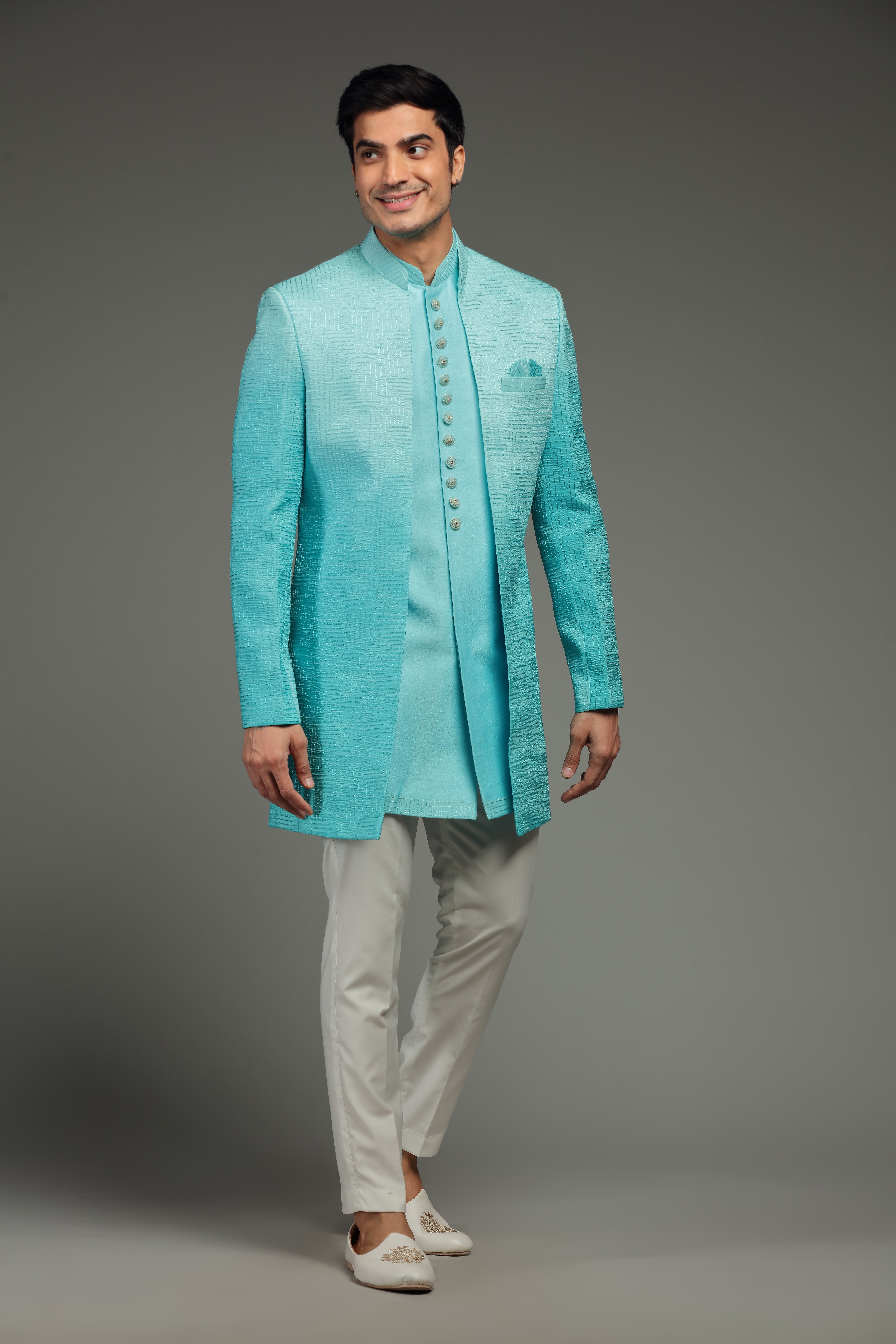 Blue Ombre Silk Jacket Set With Line Embroidery - Shreeman