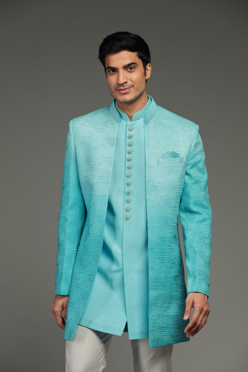 Blue Ombre Silk Jacket Set With Line Embroidery