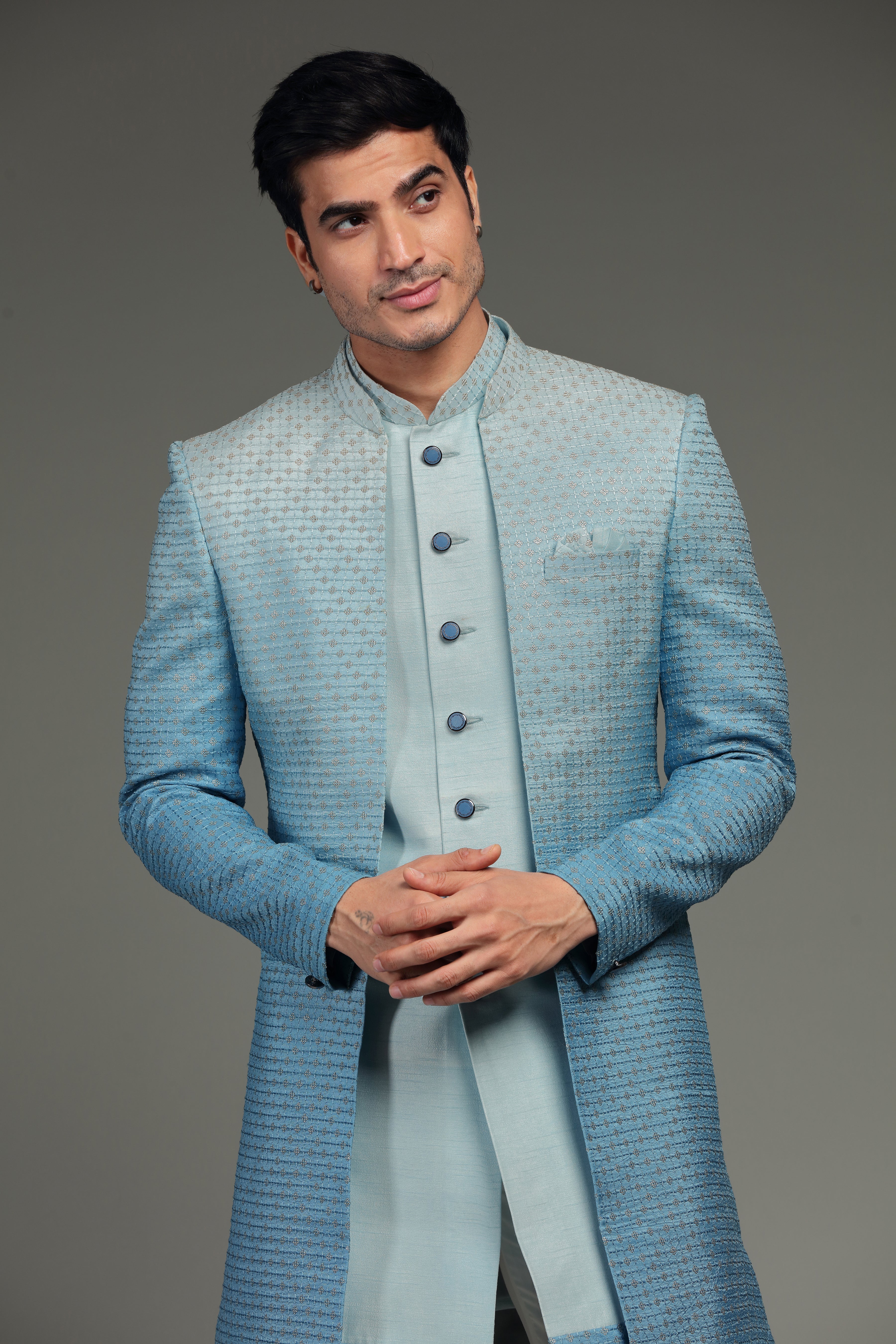 Dark Blue Ombre Jacket Set With Resham & Sequin - Shreeman