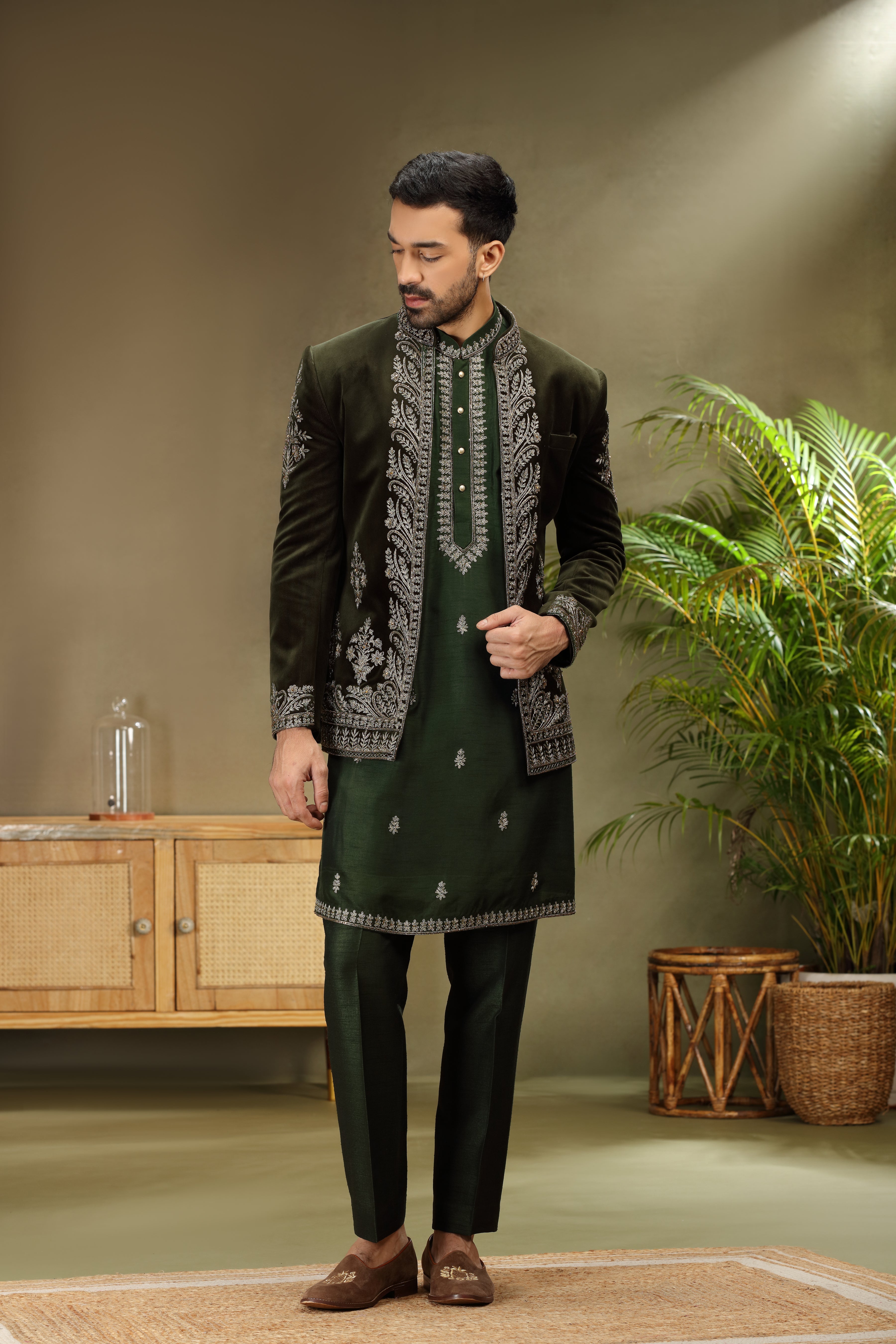 Bottle Green Velvet Jodhpuri Set with Dori Resham Pearl Work
