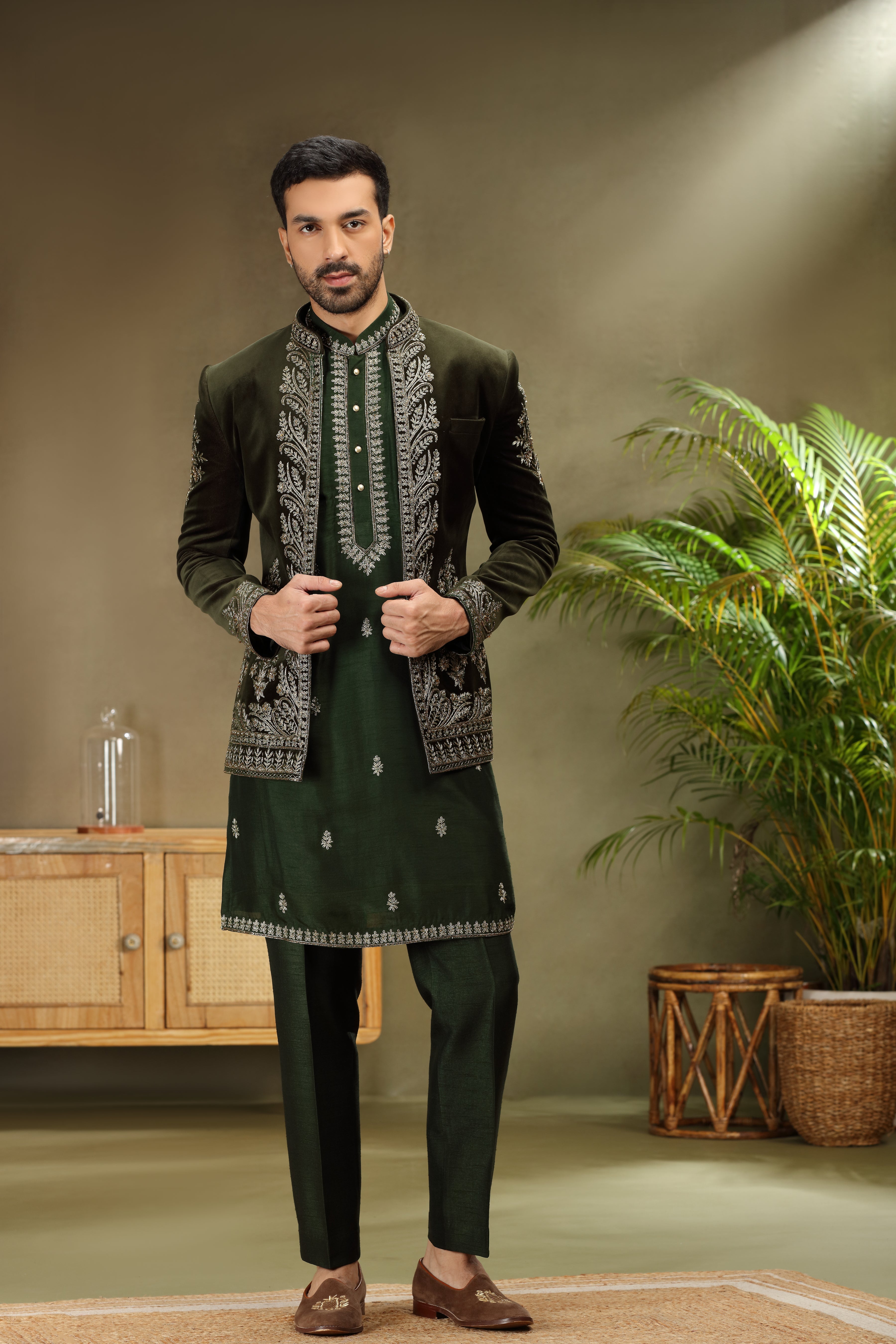 Bottle Green Velvet Jodhpuri Set with Dori Resham Pearl Work