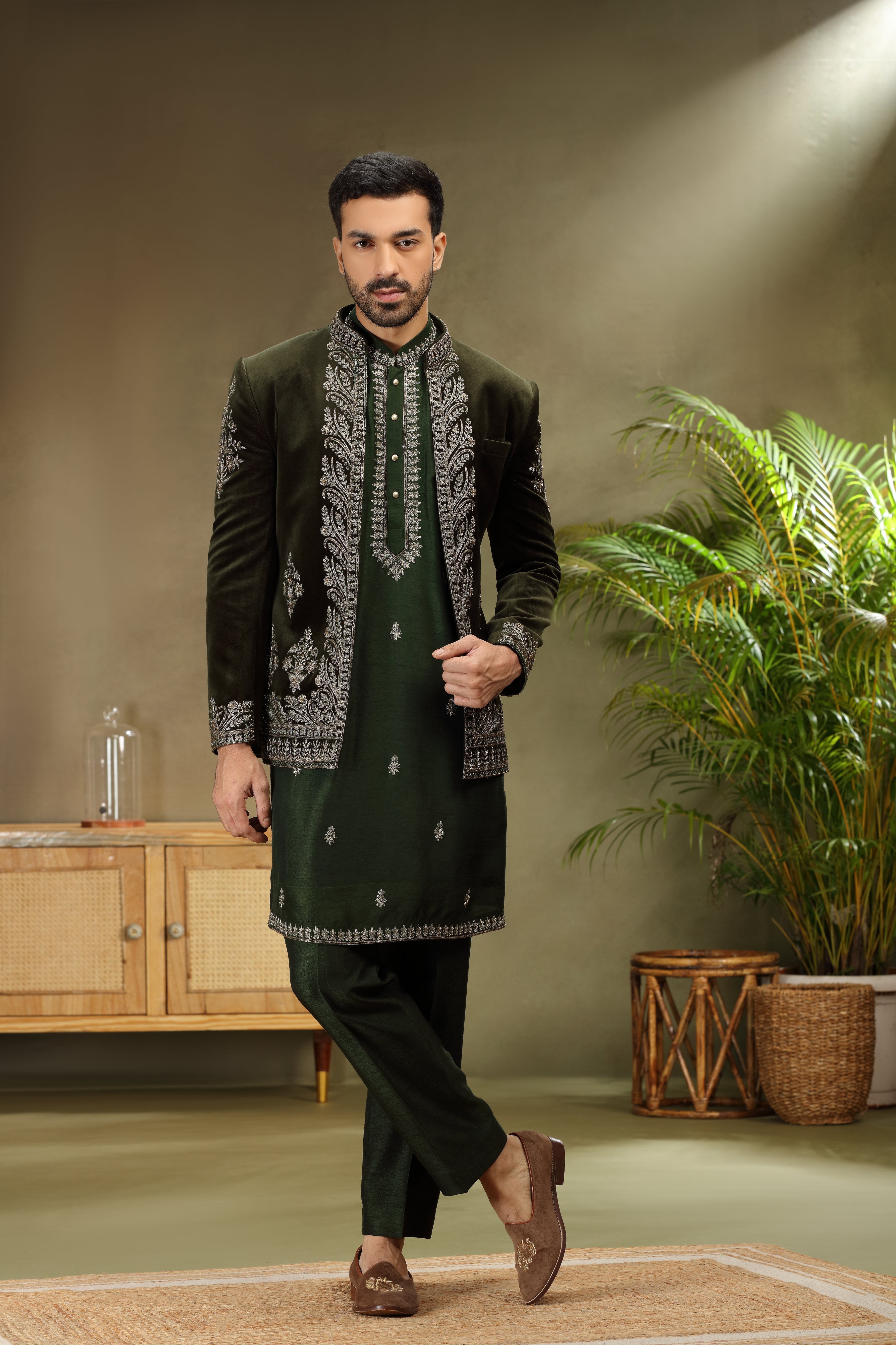 Bottle Green Velvet Jodhpuri Set with Dori Resham Pearl Work