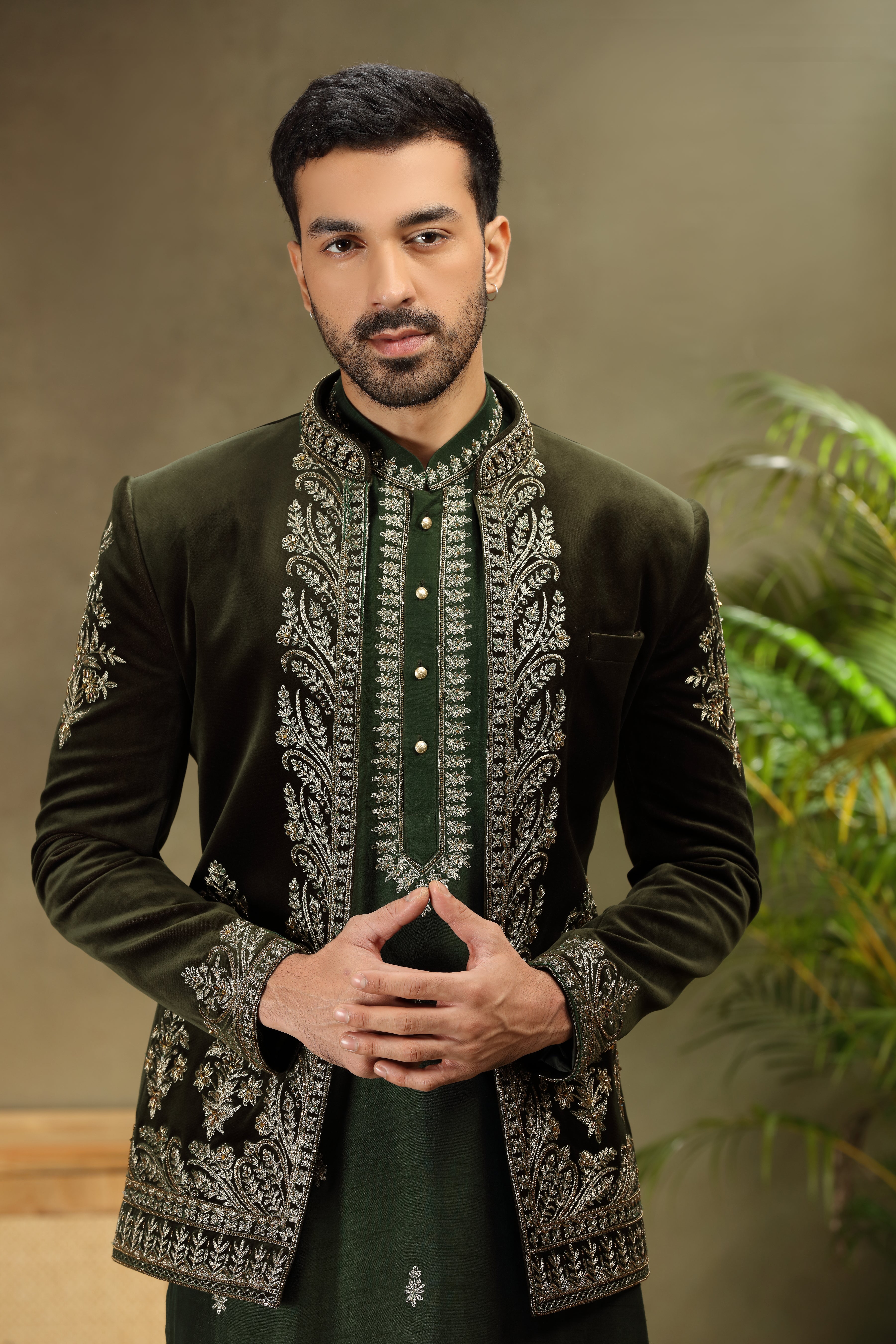 Bottle Green Velvet Jodhpuri Set with Dori Resham Pearl Work