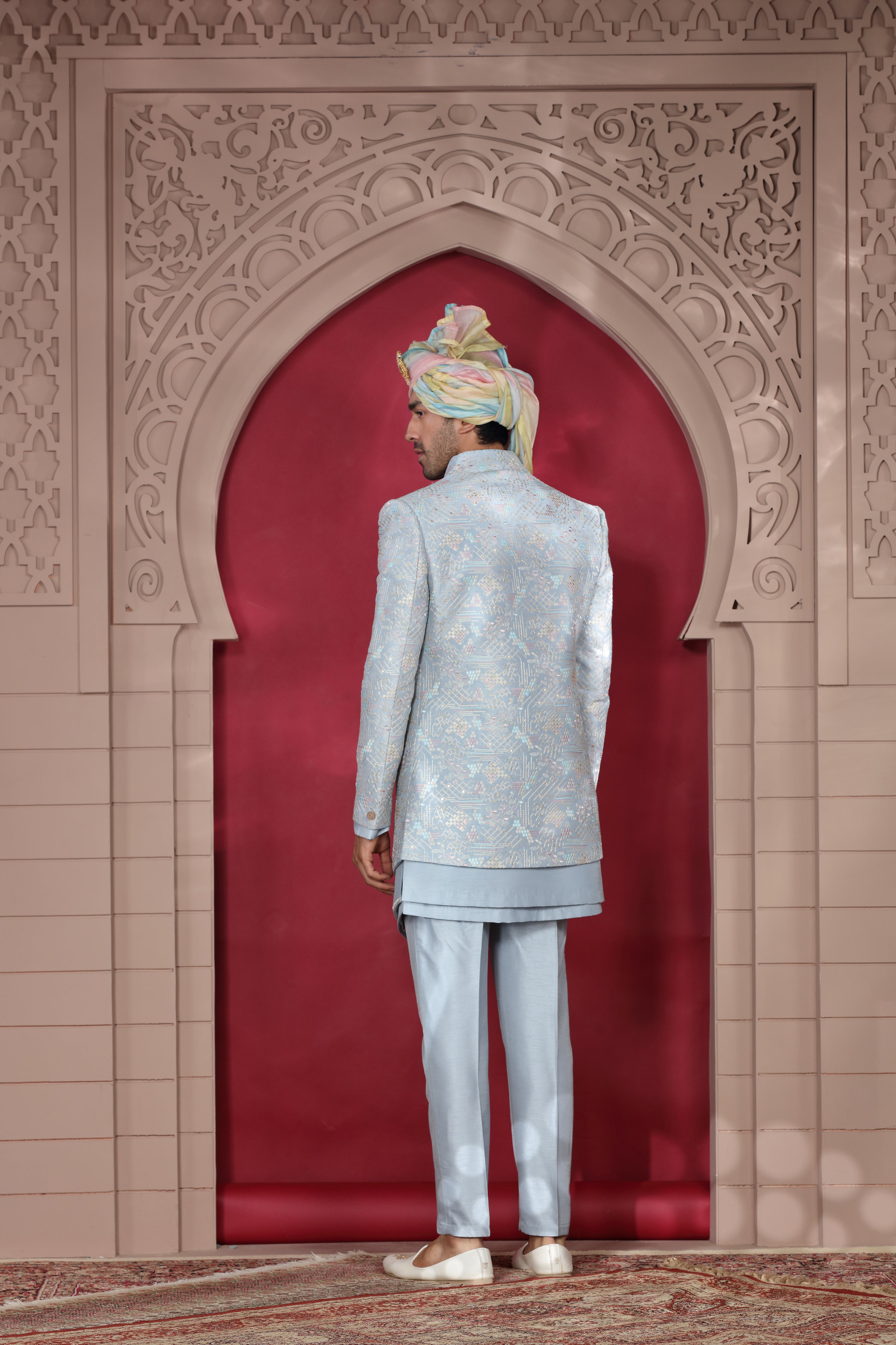 Ice Blue Silk Indo Western with Silver Thread Aari Work