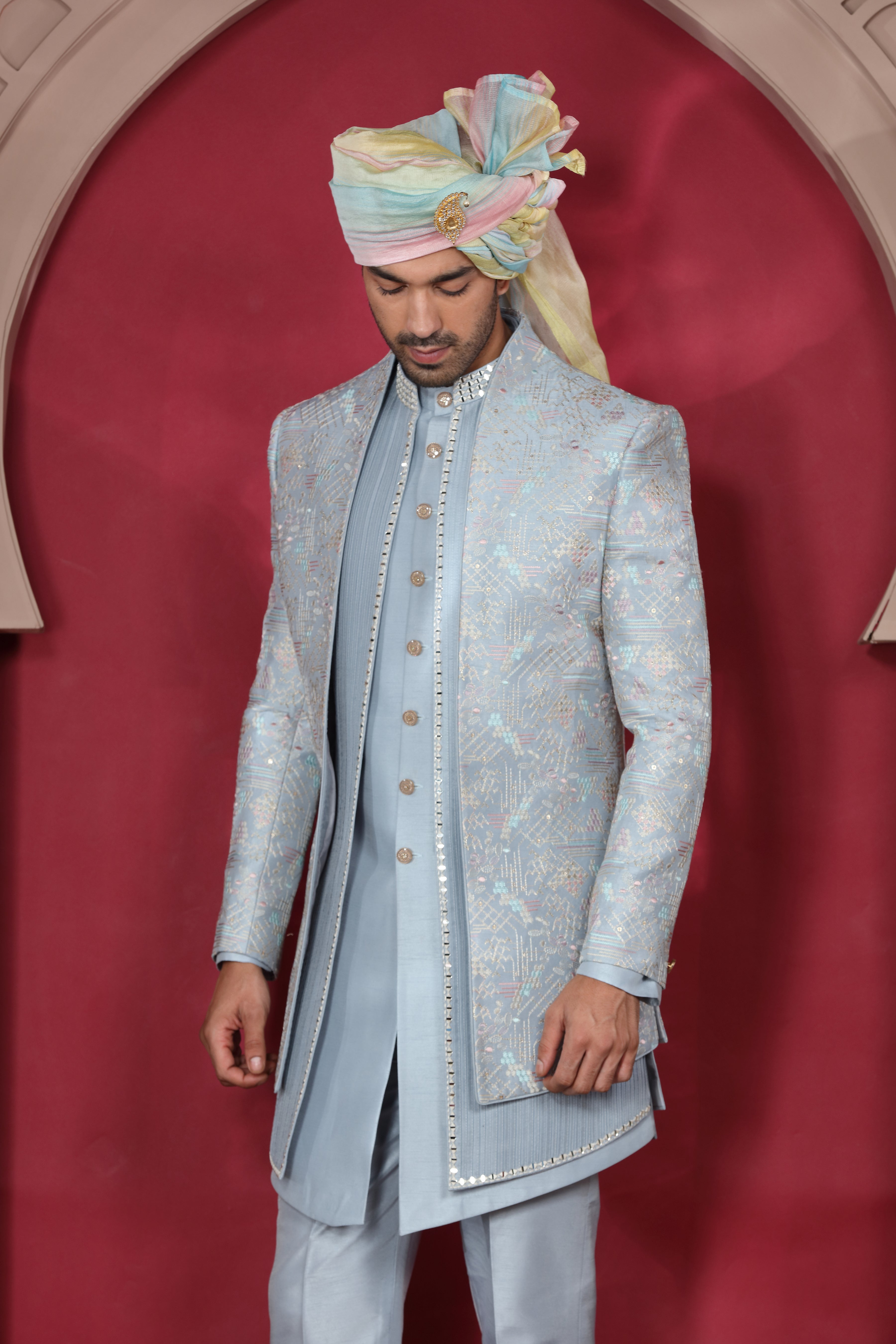 Ice Blue Silk Indo Western with Silver Thread Aari Work